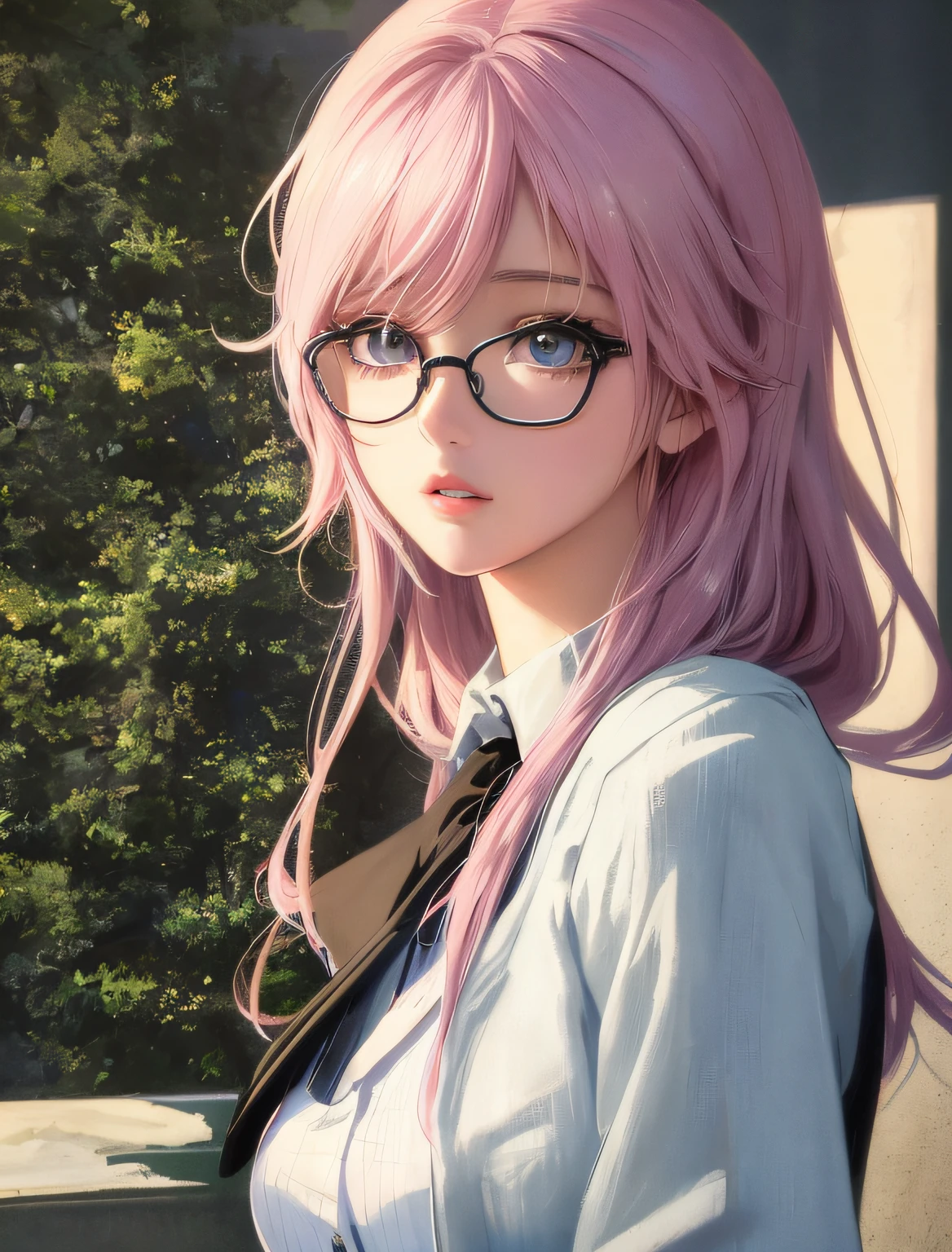 big breasts,　masterpiece, high quality, high resolution, clear image, 8k, 20s, realistic image, fashionable plain clothes, surreal girl, big breasts, anime girl with pink hair and glasses, portrait anime girl, realistic anime art style, anime realism style, surreal girl, detailed digital anime art, cute realistic portrait, beautiful anime portrait, realistic young anime girls, photorealistic anime girl rendering, realistic anime art style, realistic girls, photorealistic anime, surreal girls