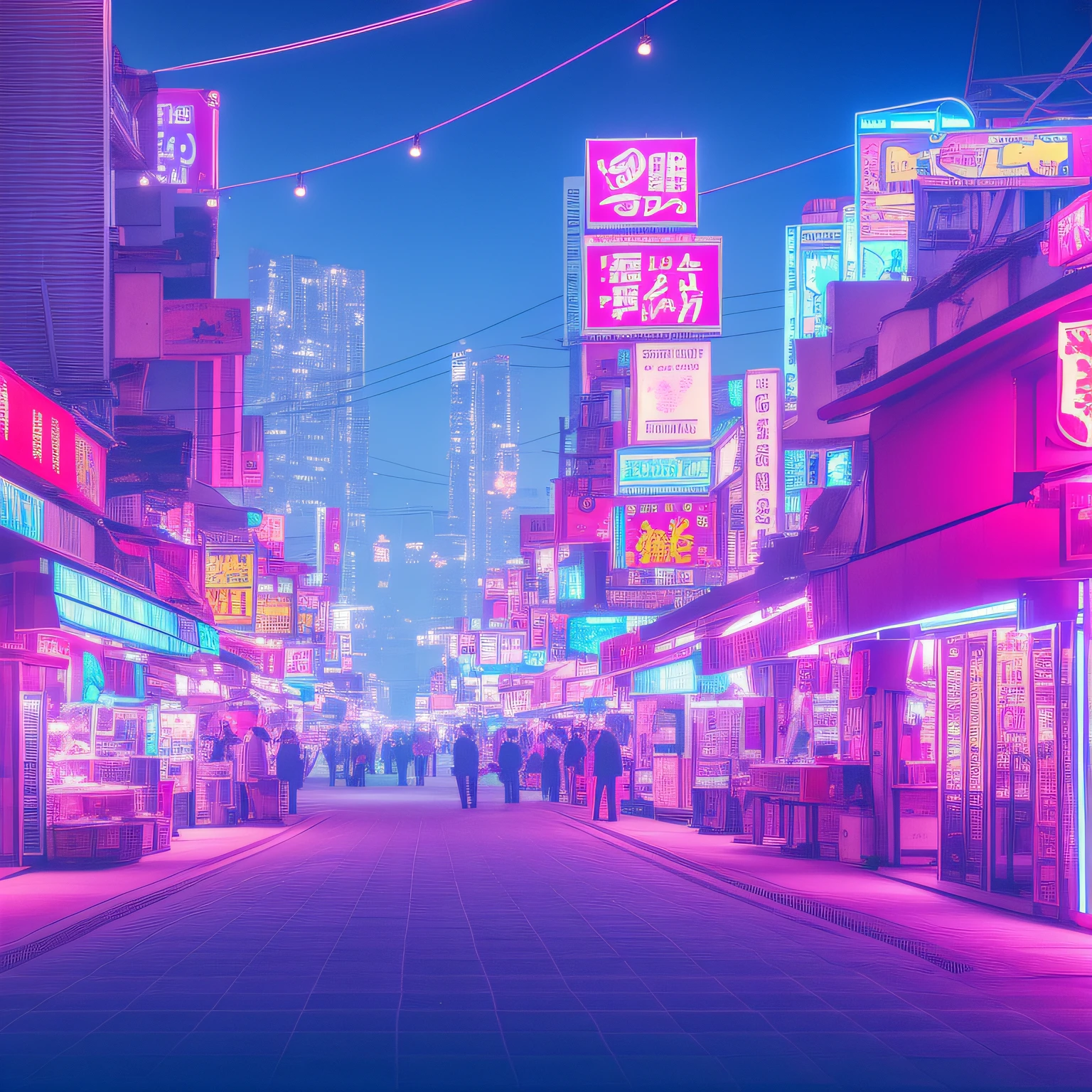 Anime style street view with food stalls and neon signs, 3 D stylized scene, theme is cyberpunk city market, 3d game art, 3 d game art, 3 d rendering stylized, 3 d video game rendering, summer festival night, with street food stall, 8 k cartoon illustration, food stall, cyberpunk market, stylized game art, cyberpunk market, low saturation blue purple, no depth, one side street view, parallel street view, no characters, visual parallel to the street --auto --s2