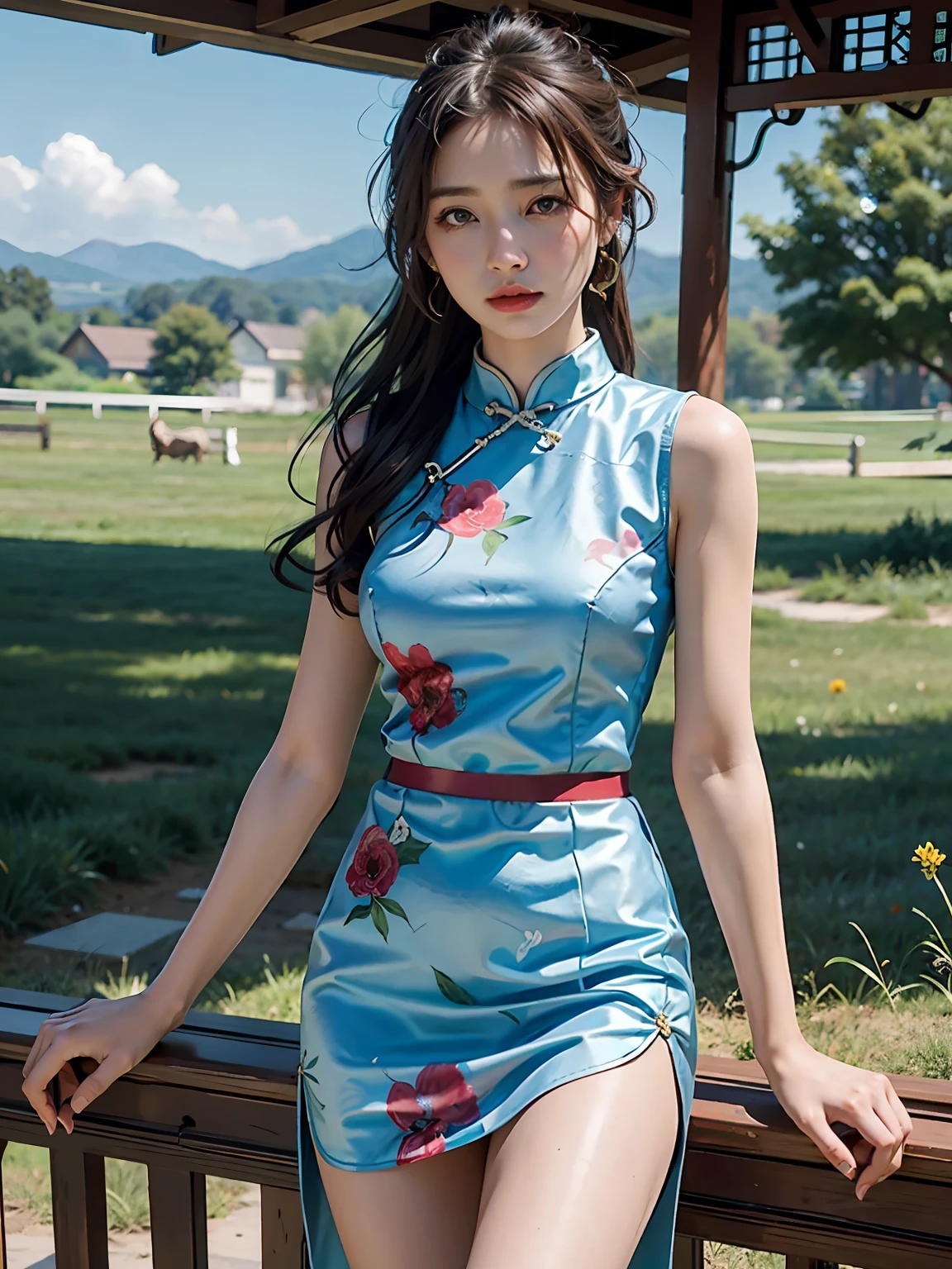 Realistic, realistic, solo, realistic, super-high-resolution, blue cheongsam, print, color pattern, emerald bracelet, cheongsam skirt, Chinese_clothes, China_dressstanding in a field of wildflowers, thighhigh beautiful, mastery, best quality, extreme detailed face, perfect lighting, solo, 1girl, Best quality, super high resolution, realistic photos, super detailed, masterpiece, best quality, suzy1,