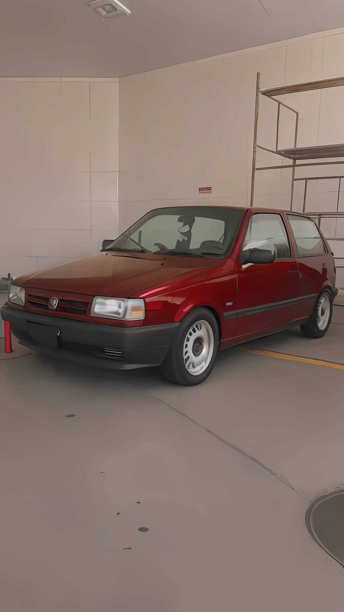 Lowered car with ultra detailed paint, white interior and sports wheels, ultra realistic photo with blurred background
