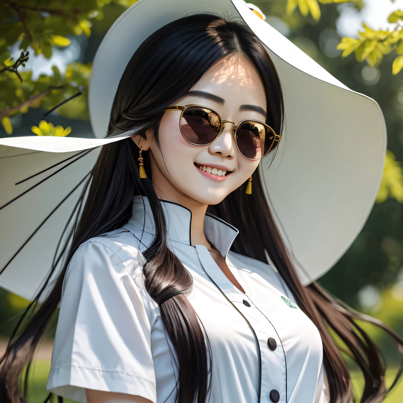 Asian woman wearing sunglasses smiling in a park with green grass, showing white and neat teeth, wearing a white blouse, long black hair gently blown up by the wind, portraits of Ren Shuxian, Catherine Lin, Zhang Tingting, Chen Maiying, Liu Yifei, Wu Xirui, Liu Chengyou, Ye Wenfei, Lin Qifeng, Xu Zhelong, Chen Lulu, Zhou Meiling, Chen Biling, Zhenze, shot in Canon 90D, HD portrait --auto --s2