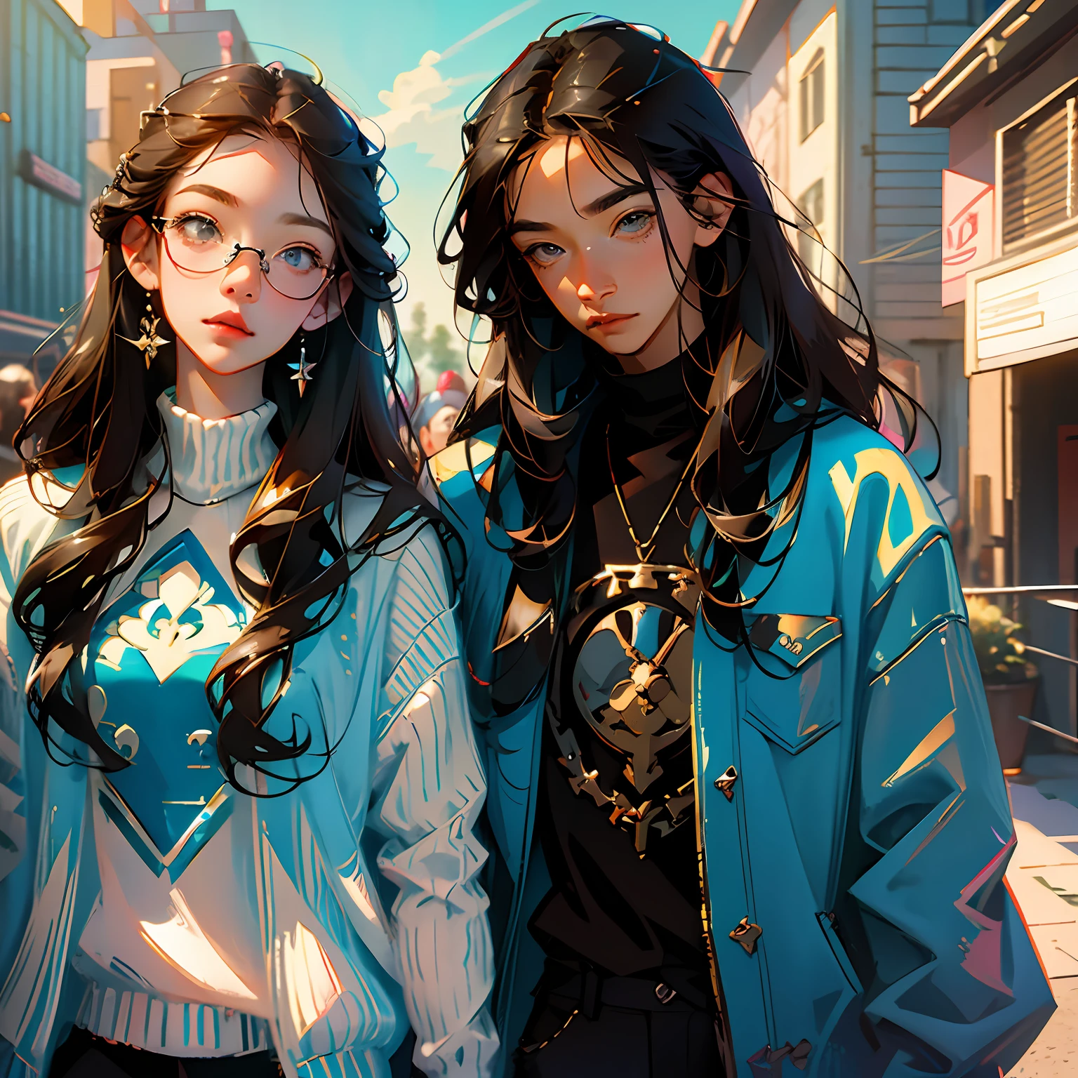 masterpiece, (anime), cute, romantic, best quality, 2others, couple, mature, adult, height difference, different fashion, different color, casual clothes, long sleeves, smile, happy, love, swirling wind, blue sky, man with long hair, man with light brown hair, woman with black hair, woman with long hair, woman with glasses, rocker, metal --auto --s2
