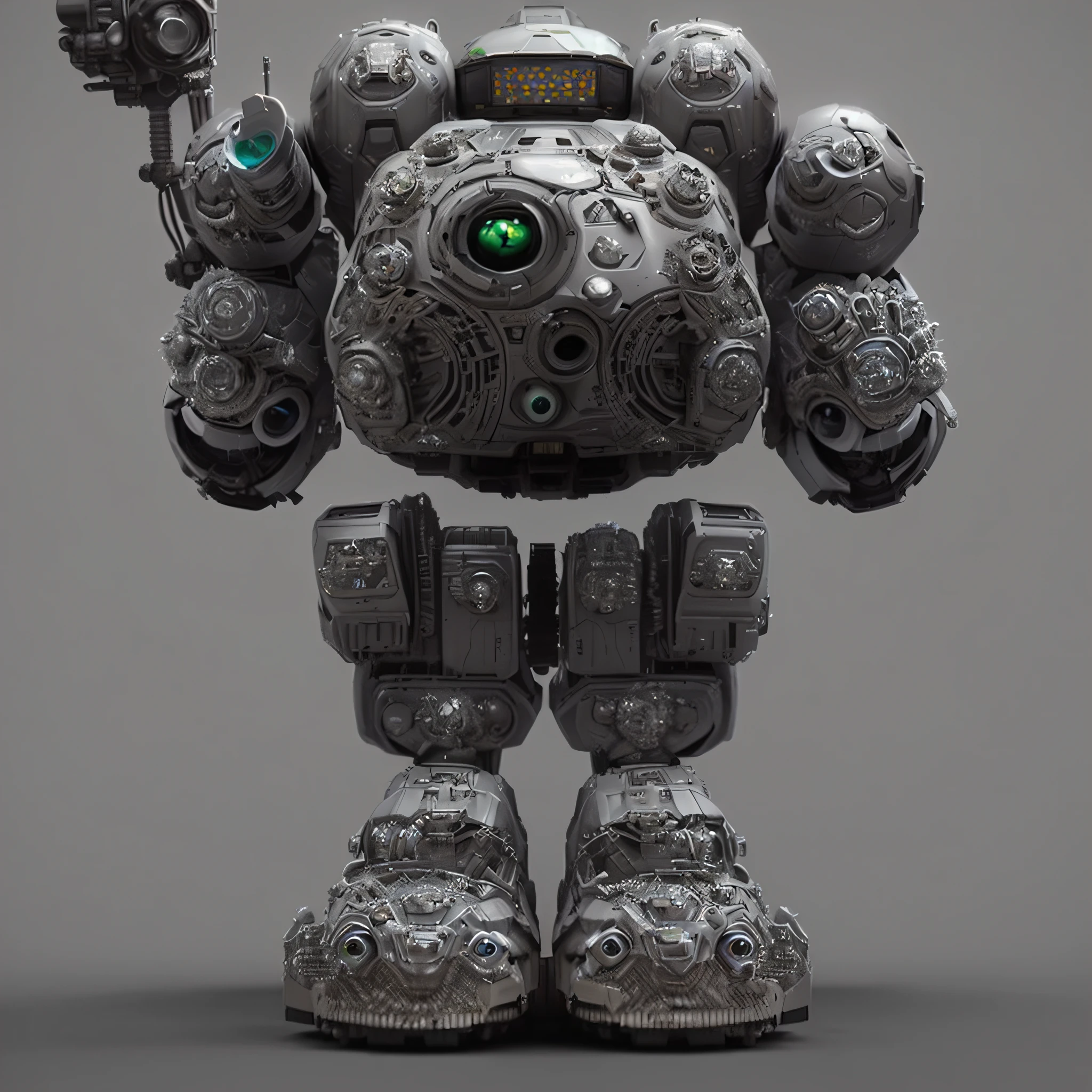 a close up of a robot with a green eye and a gun, detailed cosmic angelic robot, cute elaborate epic robot, detailed humanoid, mech shaped like a manatee, mech robot futuristic, mech body, highly detailed toy, sci-fi mech, futuristic robot body, futuristic robot, 4 k octan render, super detailed render, greg rutkowski octane render