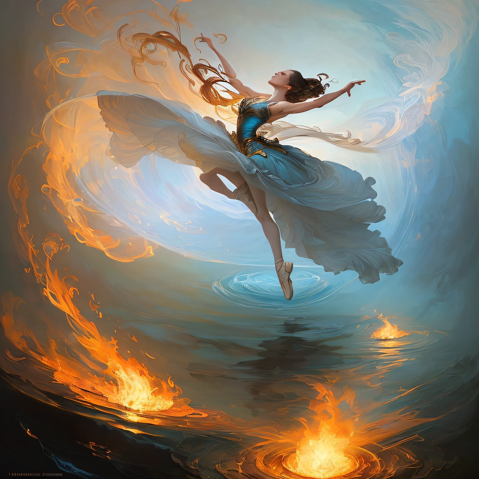 a beautiful ballerina dancing on water, spirals of smoke and fire around her body, perfect body, digital painting, concept art, matte, (art by WLOP), (by Justin Gerard and Jason Edmiston: 1.5), (by Greg Rutkowski: 0.4), (by Alphonse Mucha: 0.4), masterpiece