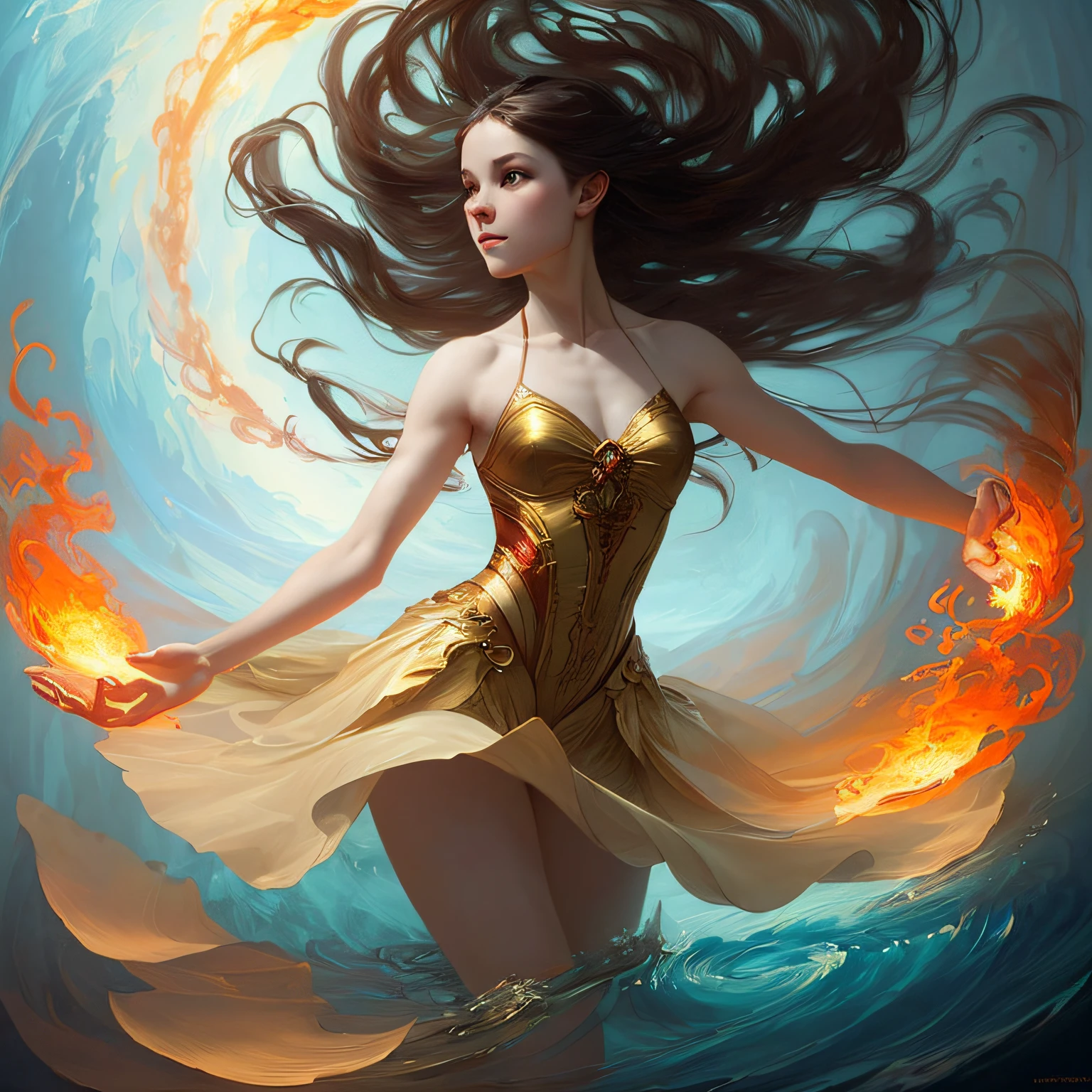 a beautiful ballerina dancing on water, spirals of smoke and fire around her body, perfect body, digital painting, concept art, matte, (art by WLOP), (by Justin Gerard and Jason Edmiston: 1.5), (by Greg Rutkowski: 0.4), (by Alphonse Mucha: 0.4), masterpiece