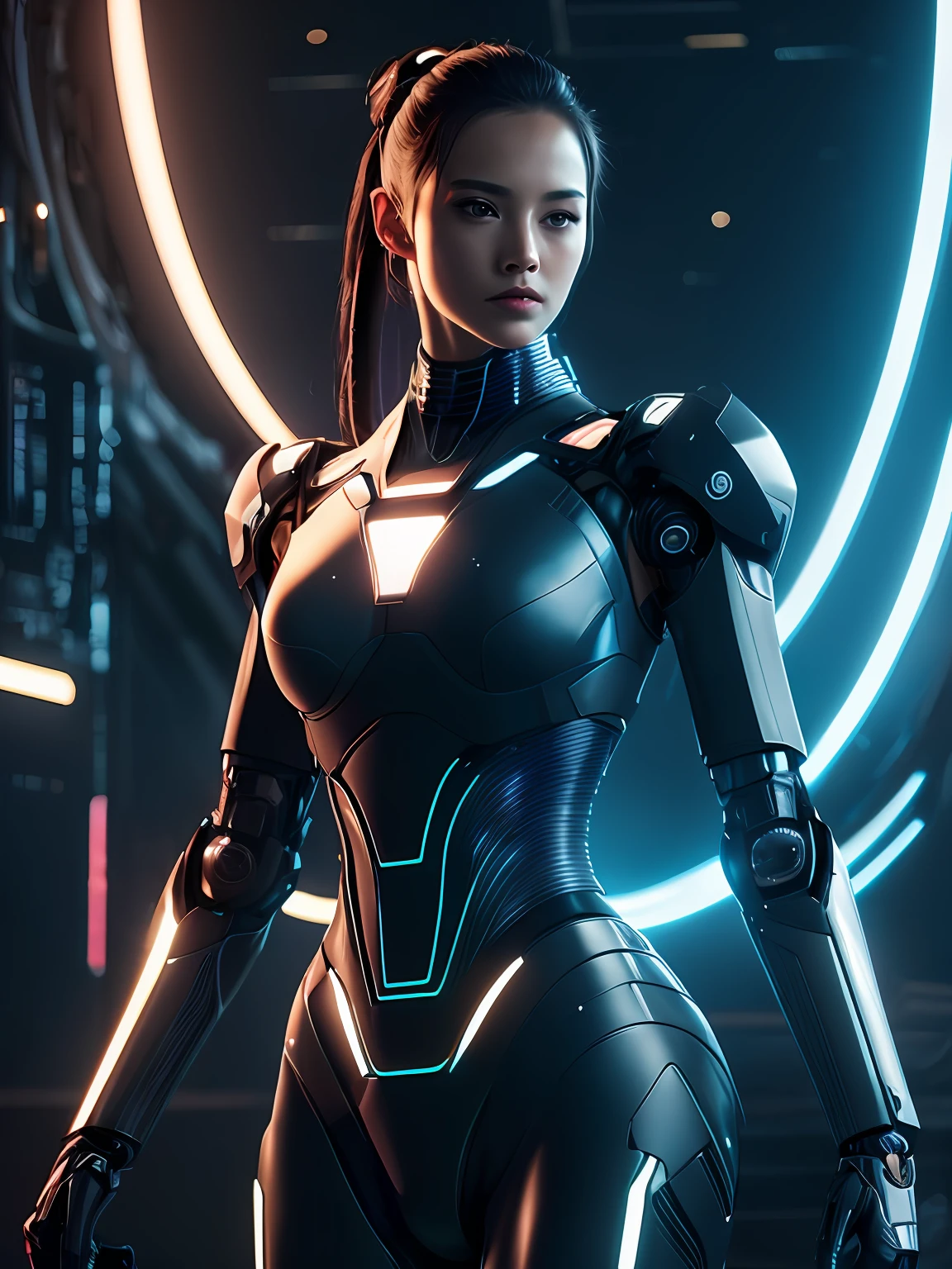 a [woman's body silhouette: (fiber optics:1.3) : 0.3], complex, cyborg, robotic parts, futuristic interior background, cinematic, fine details, 8k, dark shot, soft volumetric lights, backlit, cinematic, intricate details, ArtStation