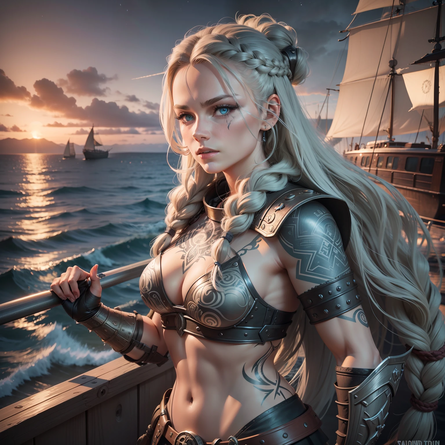 Viking girl with futuristic armor and long braided hair,sea front,night,boat,wind,tattoo on body,viking shield,war tattoo,cold,artwork,3D,4K,detailed,realistic