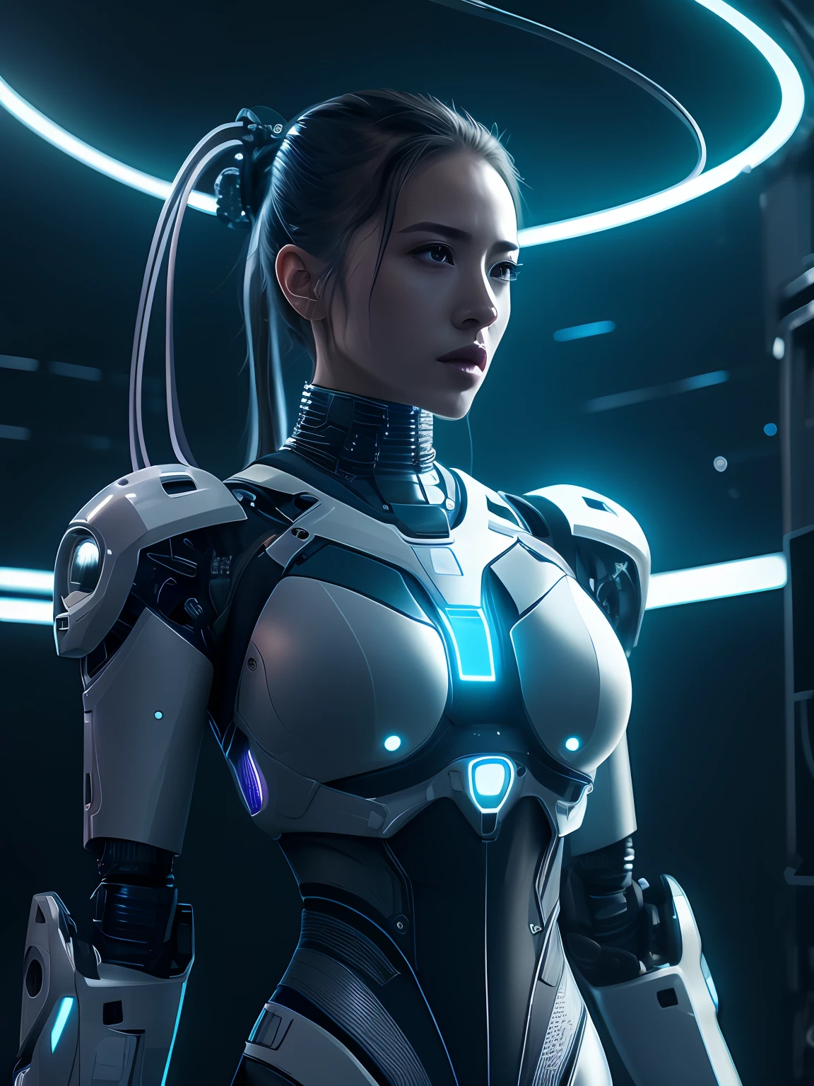 a [woman's body silhouette: (fiber optics:1.3) : 0.3], complex, cyborg, robotic parts, futuristic interior background, cinematic, fine details, 8k, dark shot, soft volumetric lights, backlit, cinematic, intricate details, ArtStation