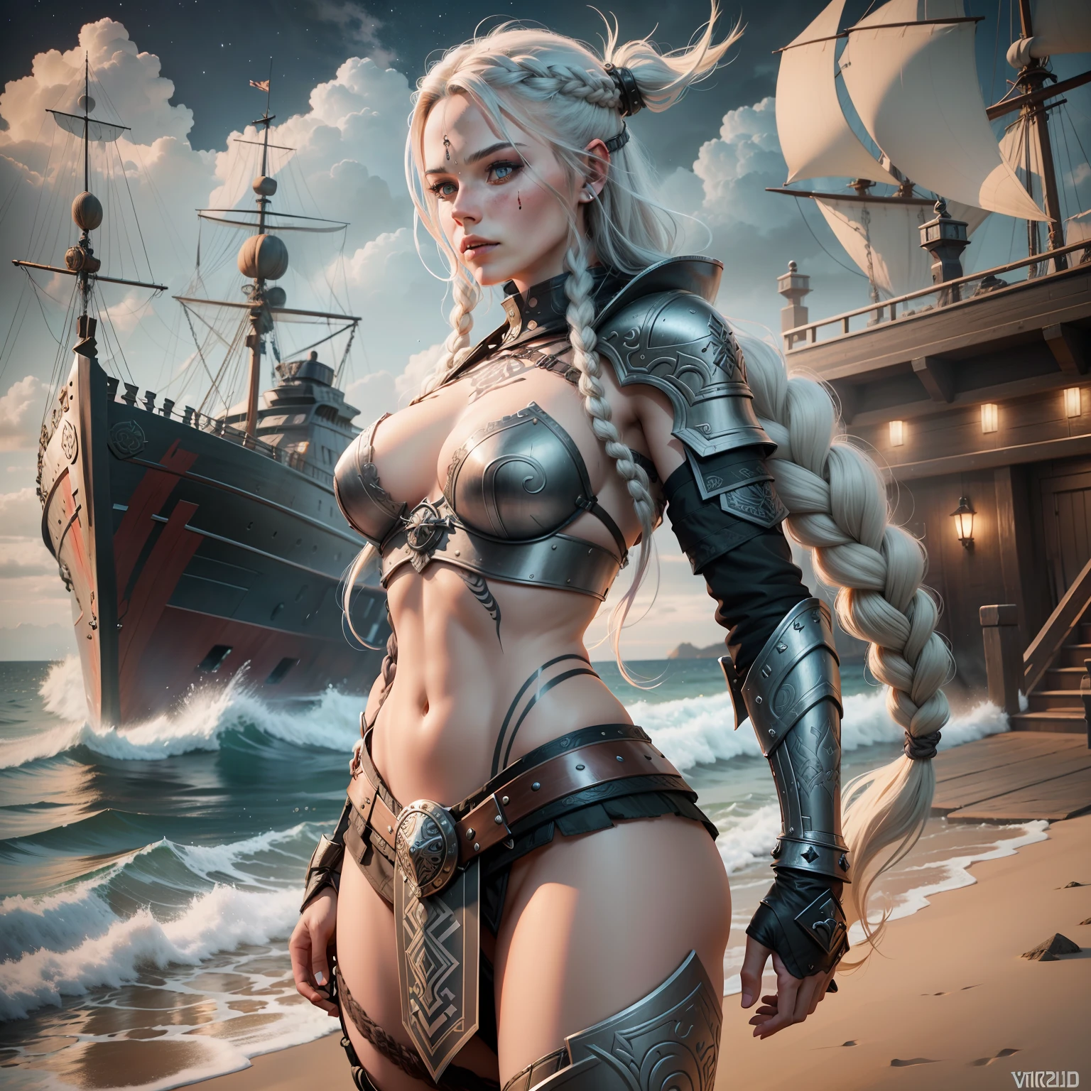 Viking girl with futuristic armor and long braided hair,sea front,night,boat,wind,tattoo on body,viking shield,war tattoo,cold,artwork,3D,4K,detailed,realistic