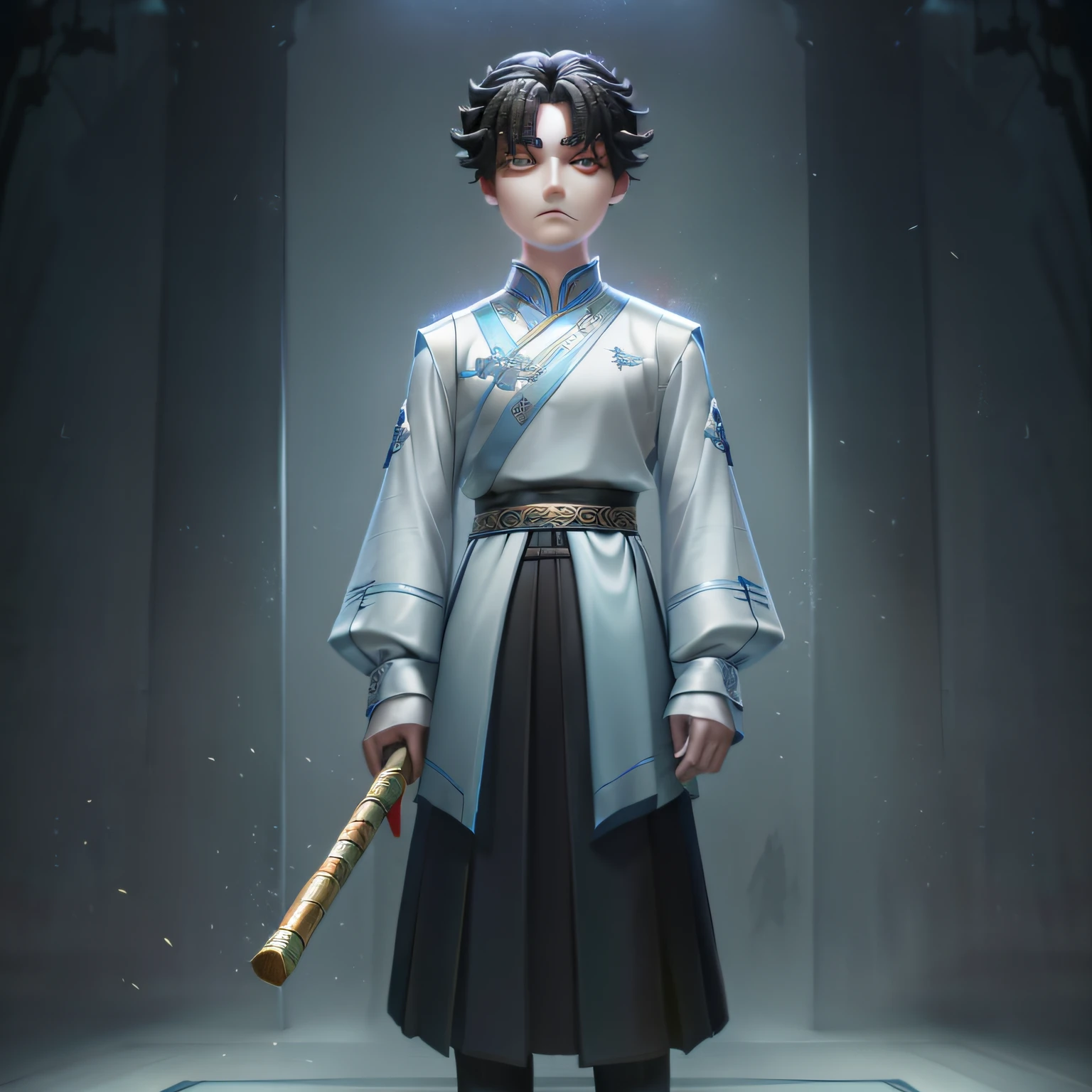 Masterpiece, high quality, 20 year old boy, black long skirt, light blue top, holding shakuhachi, Chinese, facing forward, looking at camera, full body, center of screen
