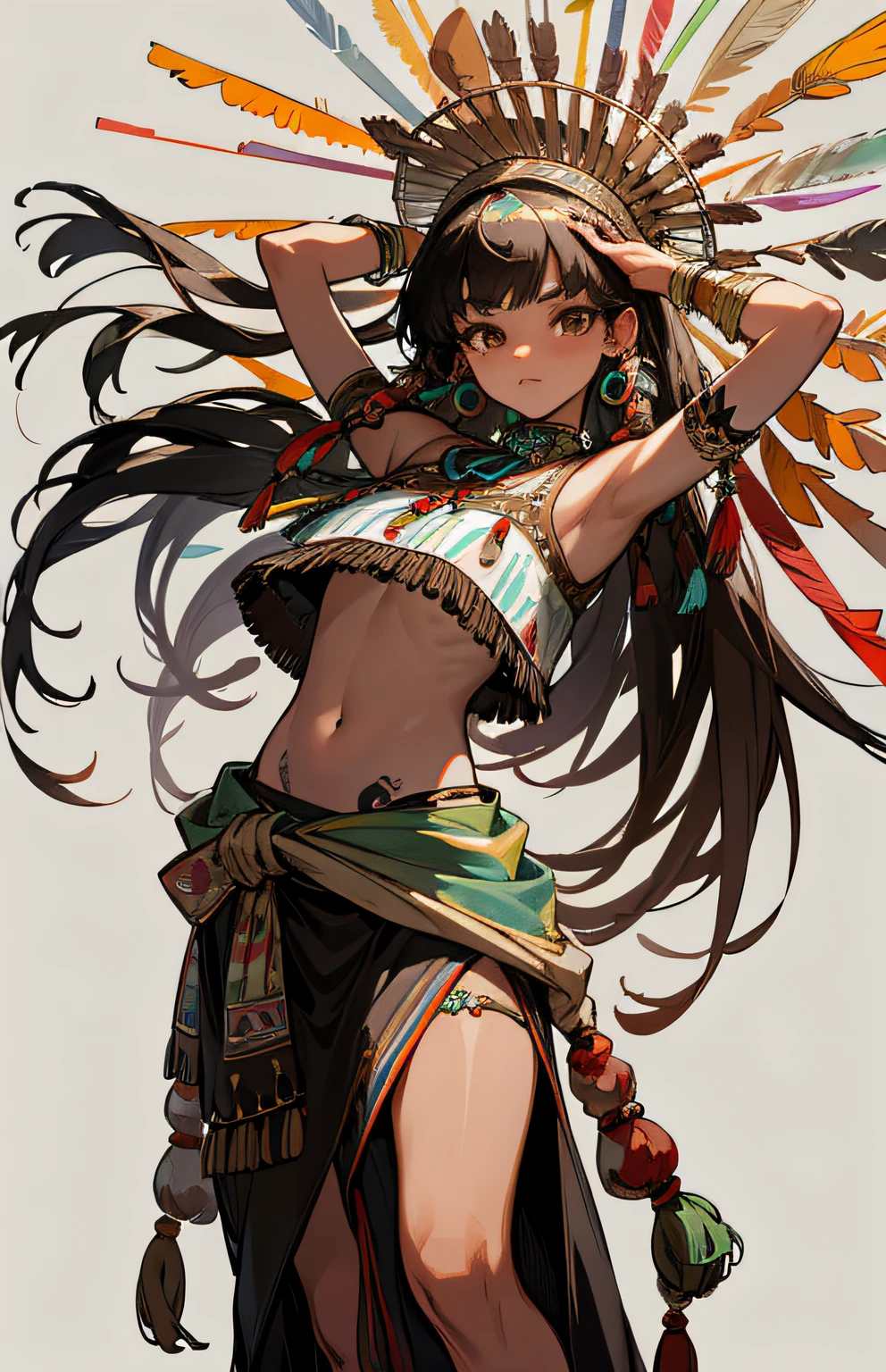 Native American beauty in dance poses, luxurious leather ponchos embroidered with intricate embroidery, flowing tulle, feather hair ornaments, war bonnet, tattoo, brown skin, Indian jewelry, Native American pattern, transparent and long colorful ubert on arms, navel ribbons, shoulders, necks, arm ring ribbons, wreaths, bracelets, anklets, Metal chain tassels around the waist, ink wash, popular CGSTATION, masterpieces, recent quality, high-resolution details, 32K