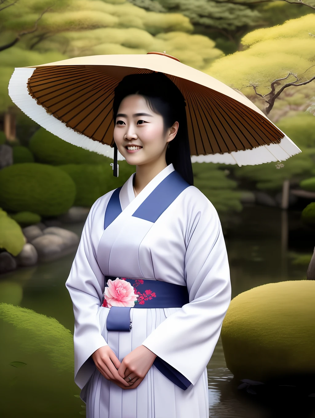 An extremely beautiful Japanese Gueisha, wearing a Gueisha clothing ,in a Japanese garden, holding an Japanese umbrella, pixar artstyle, emotional eyebrows, enigmatic smile, cinematic rim light, very feminine figure, dynamic juxtaposition, young woman, very high quality face, exploitable image, face neck shoulders, beautiful very feminine woman, stylized dynamic folds, serene woman, Pixar artstyle