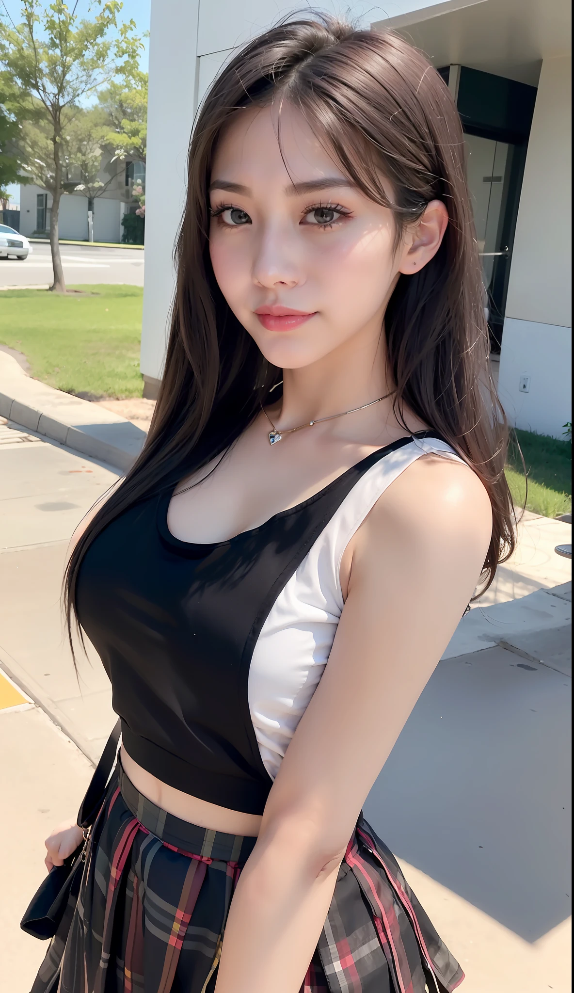 a close up of a woman in a skirt and top posing for a picture, she is wearing a black tank top, gorgeous young korean woman, hot with shining sun, tight black tanktop, beautiful south korean woman, heonhwa choe, wearing a low cut tanktop, jaeyeon nam, beautiful young korean woman, wearing a black cropped tank top