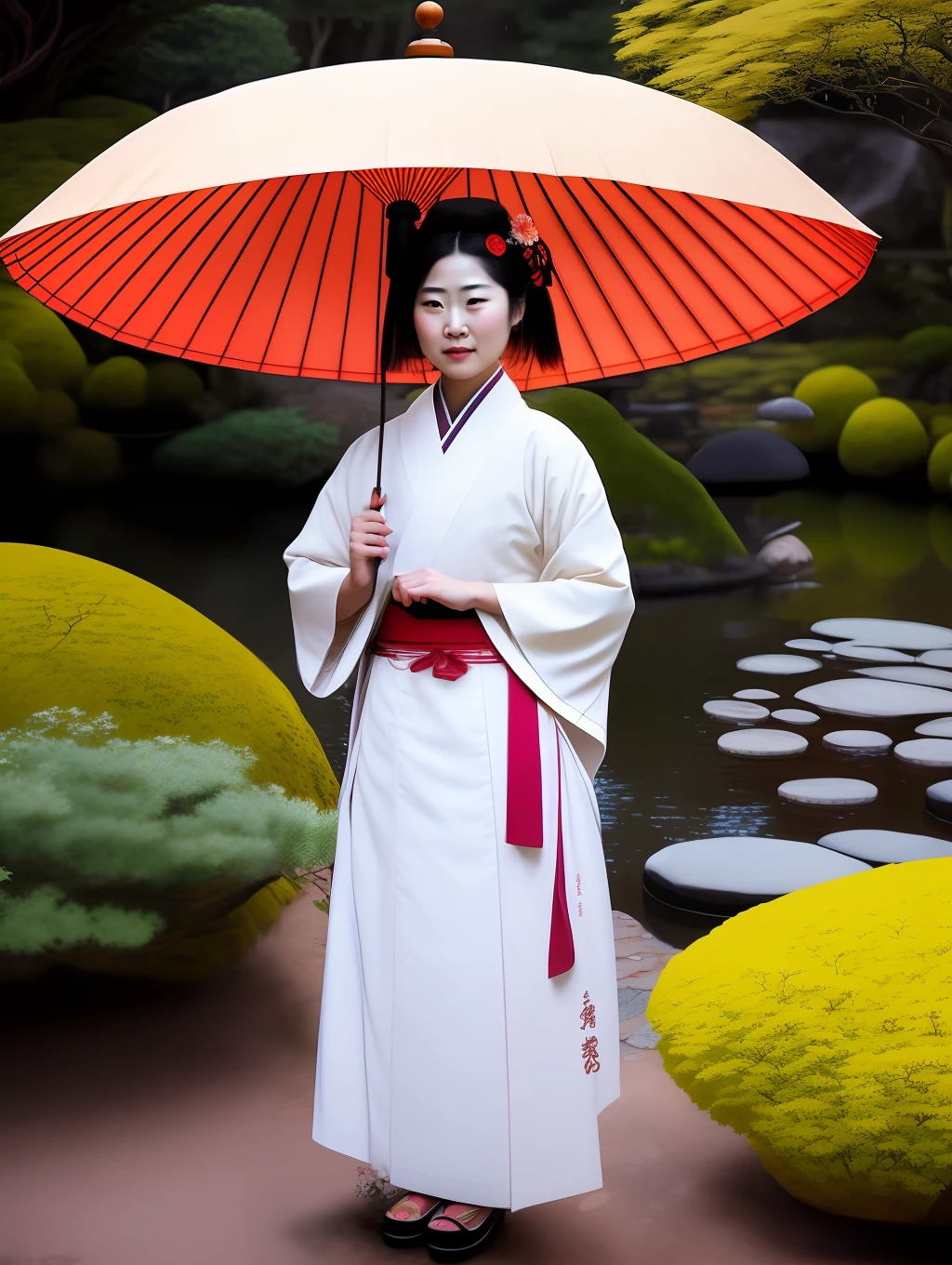 An extremely beautiful Japanese Gueisha, wearing a Gueisha clothing ,in a Japanese garden, holding an Japanese umbrella, pixar artstyle, emotional eyebrows, enigmatic smile, cinematic rim light, very feminine figure, dynamic juxtaposition, young woman, very high quality face, exploitable image, face neck shoulders, beautiful very feminine woman, stylized dynamic folds, serene woman, Pixar artstyle