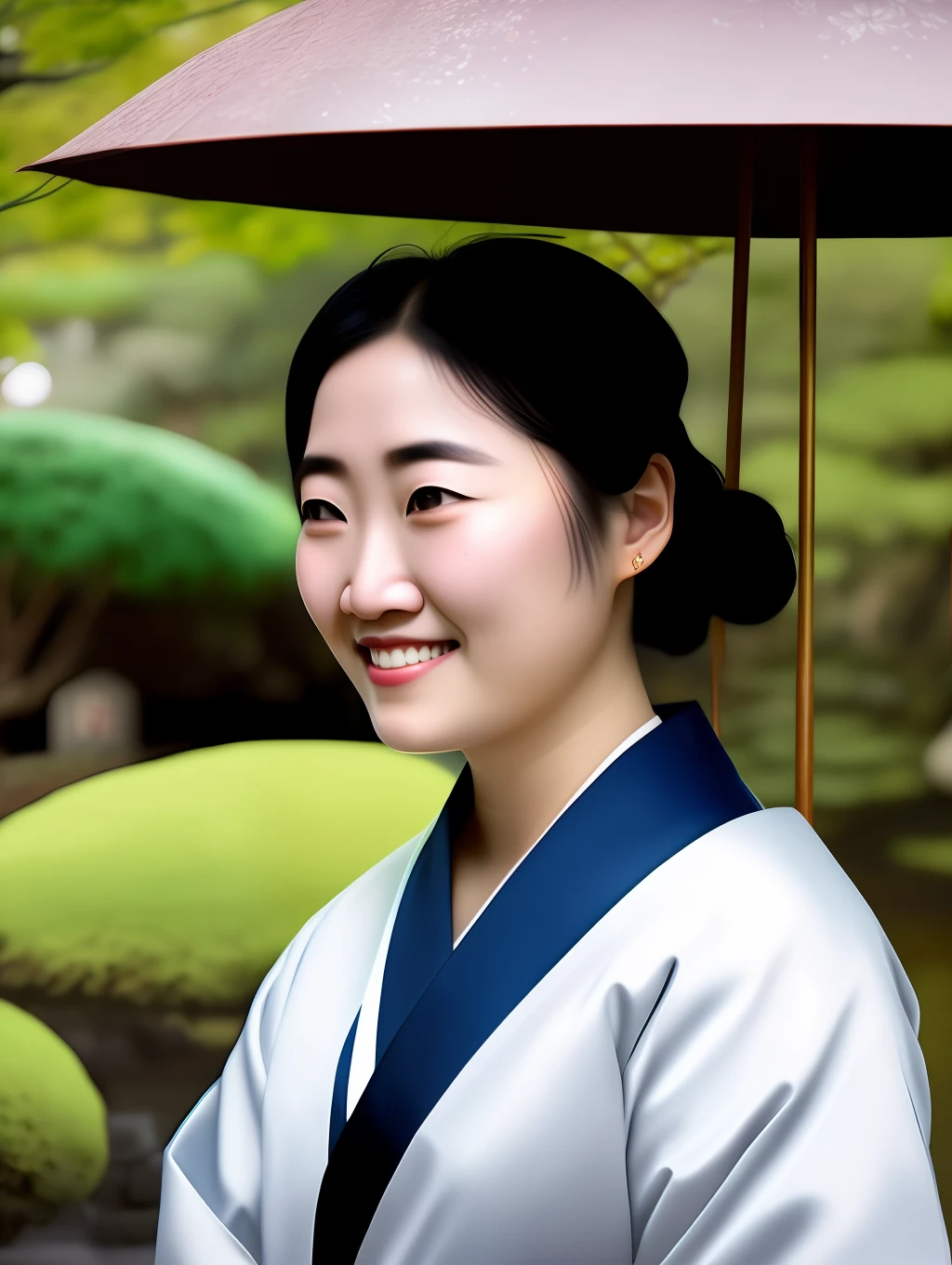 An extremely beautiful Japanese Gueisha, wearing a Gueisha clothing ,in a Japanese garden, holding an Japanese umbrella, pixar artstyle, emotional eyebrows, enigmatic smile, cinematic rim light, very feminine figure, dynamic juxtaposition, young woman, very high quality face, exploitable image, face neck shoulders, beautiful very feminine woman, stylized dynamic folds, serene woman, Pixar artstyle