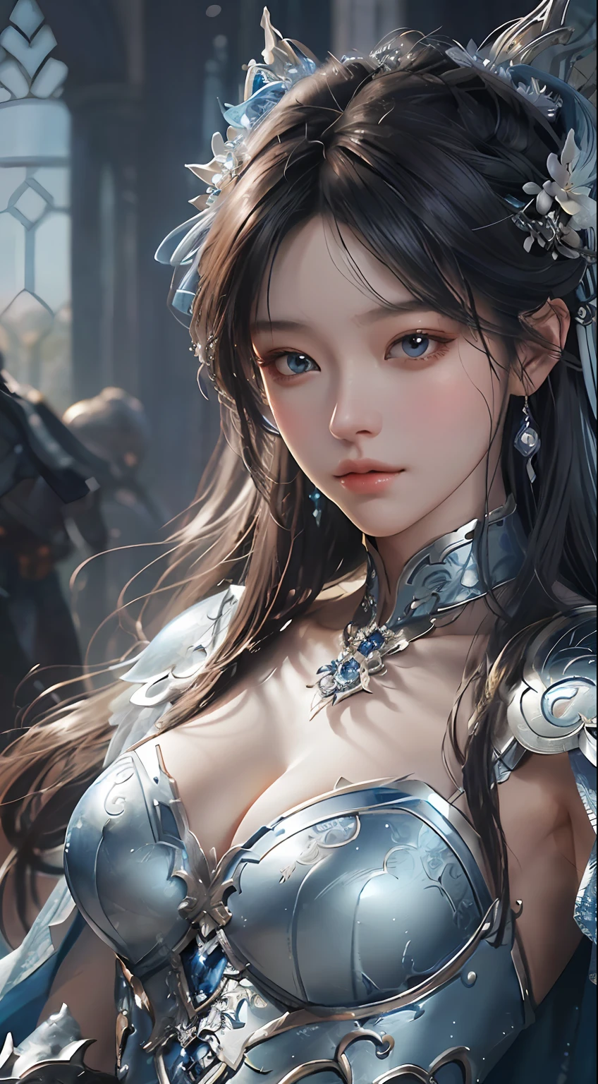 a close up of a woman in a silver and blue dress, chengwei pan on artstation, by Yang J, detailed fantasy art, stunning character art, fanart best artstation, epic exquisite character art, beautiful armor, extremely detailed artgerm, detailed digital anime art, artgerm on artstation pixiv, armor girl