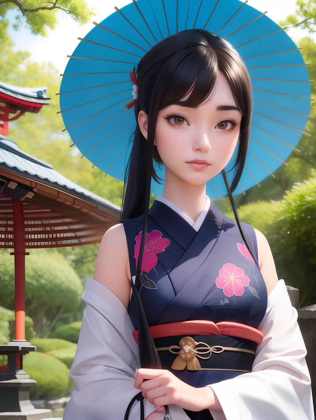 An extremely beautiful Japanese Gueisha, wearing a Gueisha clothing ,in a Japanese garden, holding an Japanese umbrella, pixar artstyle, emotional eyebrows, enigmatic smile, cinematic rim light, very feminine figure, dynamic juxtaposition, young woman, very high quality face, exploitable image, face neck shoulders, beautiful very feminine woman, stylized dynamic folds, serene woman, Pixar artstyle