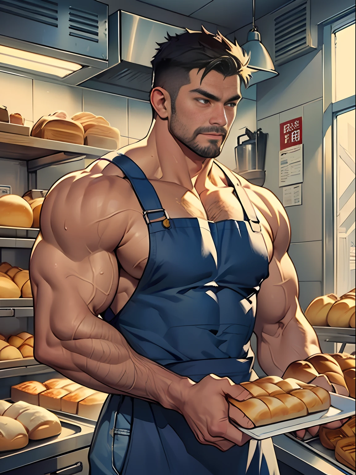 30 years old, big eyes, Chinese male, stubble, white inch, huge muscles, exaggerated muscles, mature man, muscle swelling, bodybuilding, pectoral muscles, abs, in a bakery, lots of bread, short sleeves, apron, baker, denim shorts, natural light, wet body, wheat skin, 1man, standing