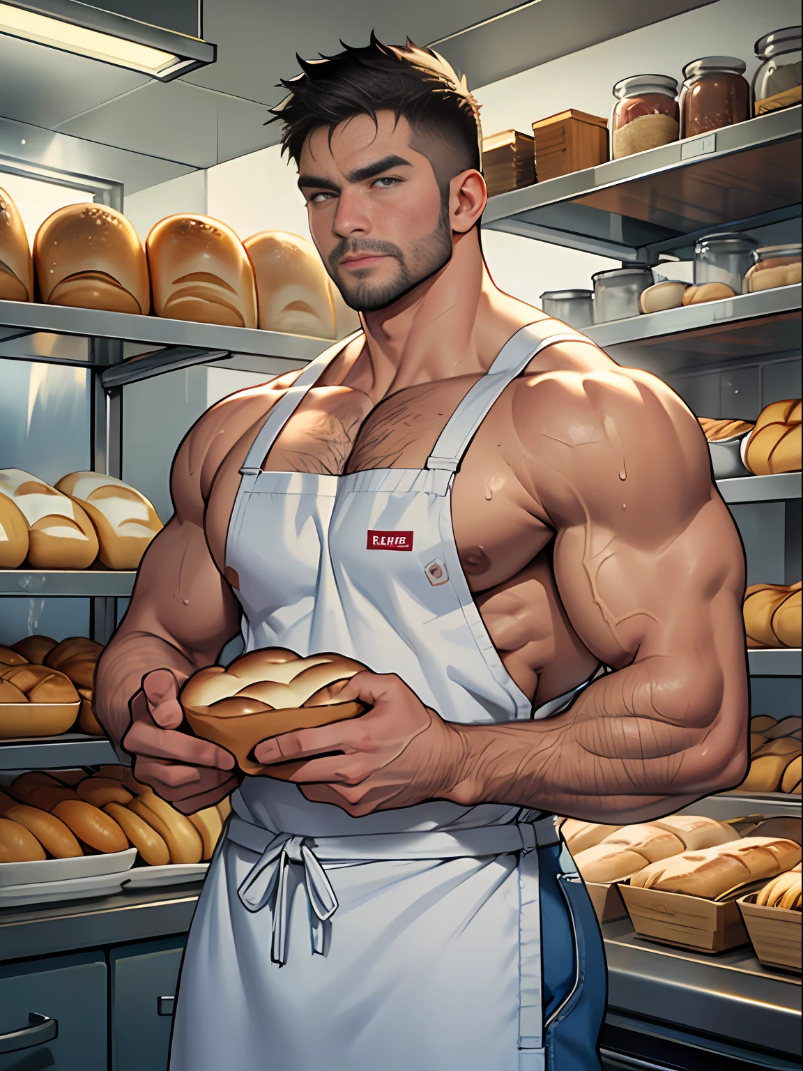 30 years old, big eyes, Chinese male, stubble, white inch, huge muscles, exaggerated muscles, mature man, muscle swelling, bodybuilding, pectoral muscles, abs, in a bakery, lots of bread, short sleeves, apron, baker, denim shorts, natural light, wet body, wheat skin, 1man, standing