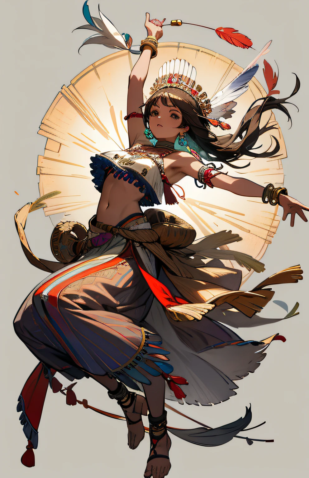 Native American beauty in dance poses, luxurious leather ponchos embroidered with intricate embroidery, flowing tulle, feather hair ornaments, war bonnet, tattoo, brown skin, Indian jewelry, Native American pattern, transparent and long colorful ubert on arms, navel ribbons, shoulders, necks, arm ring ribbons, wreaths, bracelets, anklets, Metal chain tassels around the waist, ink wash, popular CGSTATION, masterpieces, recent quality, high-resolution details, 32K