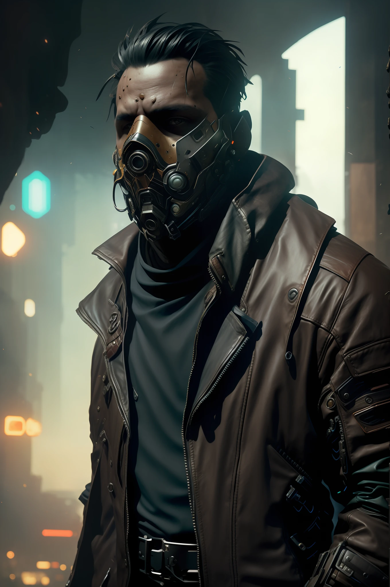 there is a man mask and a leather jacket, corvo attano, wojtek fus, cyberpunk horror style, craig mullins style, octane trending on cgsociety, dark cyberpunk illustration, unreal engine character art, cyberpunk character art, cyberpunk character, dystopian sci-fi character, cyberpunk character design, photorealistic dark concept art, octane. trending on artstation
