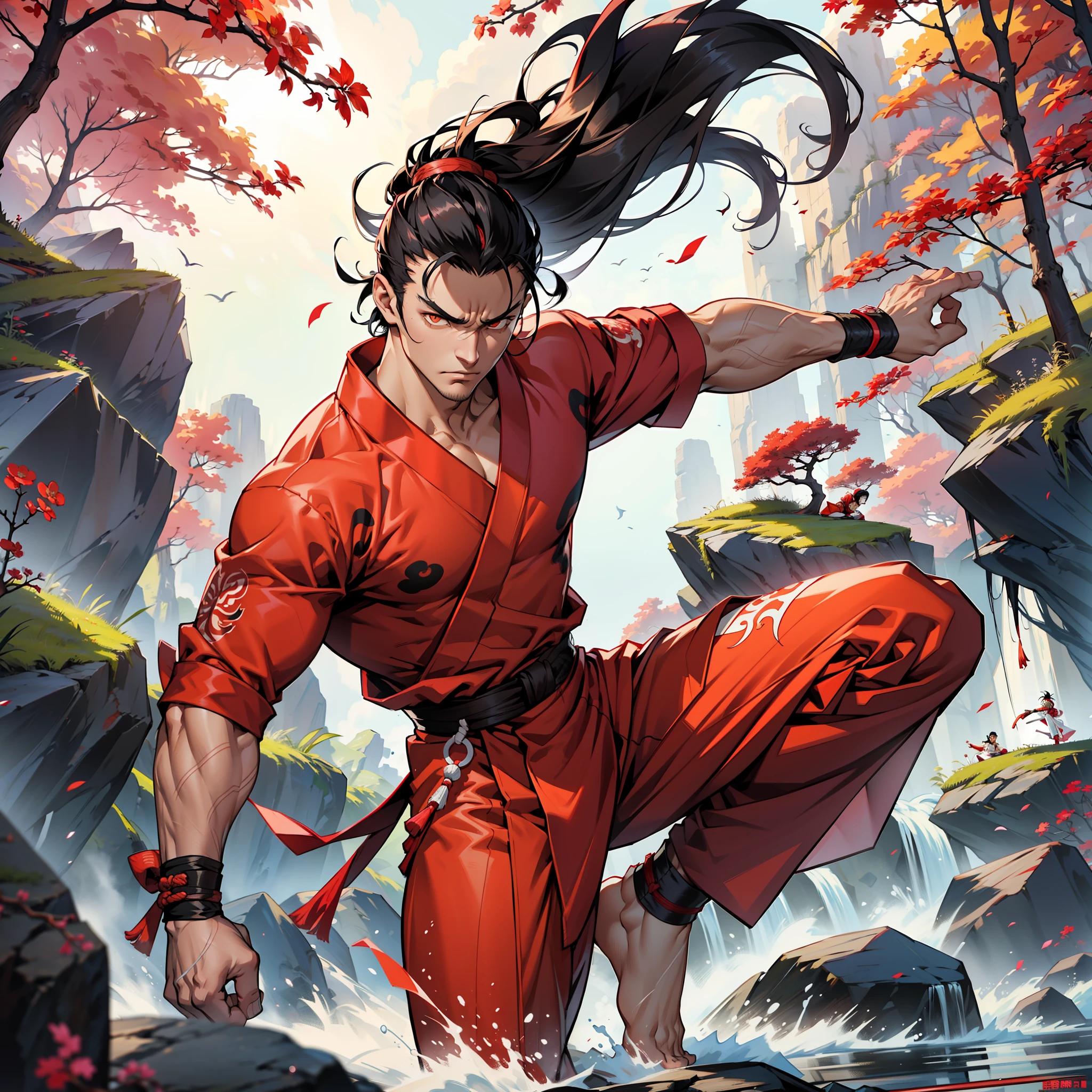 Kung fu fighter, adult, spiky black hair, locks of hair in pink color, white belt at the waist, red marks on the face, orange eyes, serious expression, muscular man, thin waist, defined legs, red kimono, tight red kung fu blouse, black kung fu pants, red armbands on the arms, nature scenery.