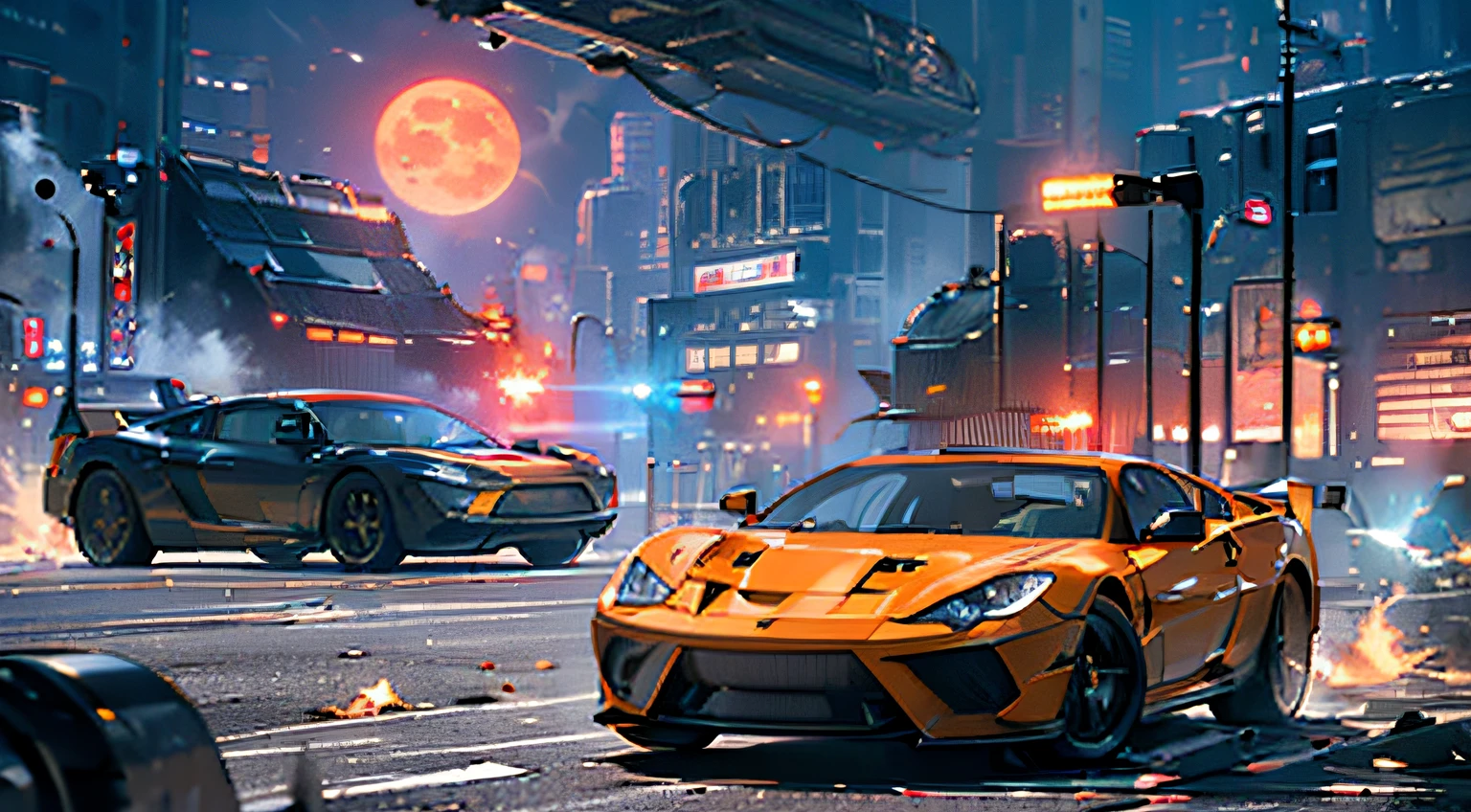 (High-precision realistic 8k ruined city, futuristic sci-fi scenes, supercars, black bodywork, orange kit, moon in the sun, smoke, sparks, panoramic perspective shooting full of cinematic feeling, scratches and realistic texture) --auto --s2