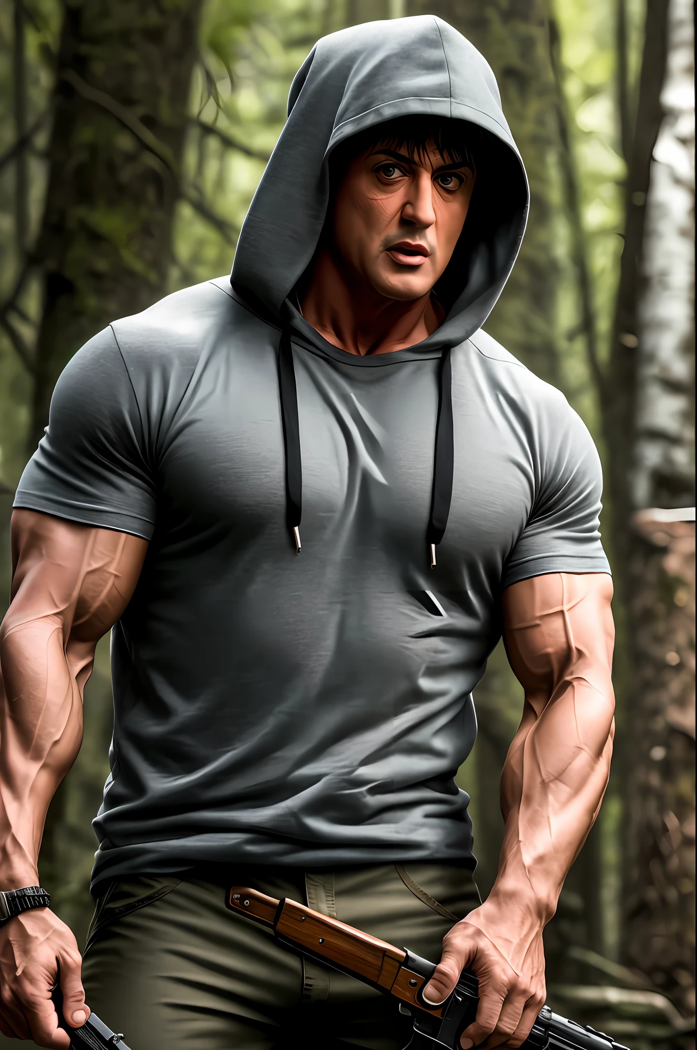 (extremely detailed 8k wallpaper), a mid-shot shot shot of a fearful, intricate, high-detail, dramatic, Sylvester Stallone in Rambo, hooded T-shirt, holding a magnum 44.