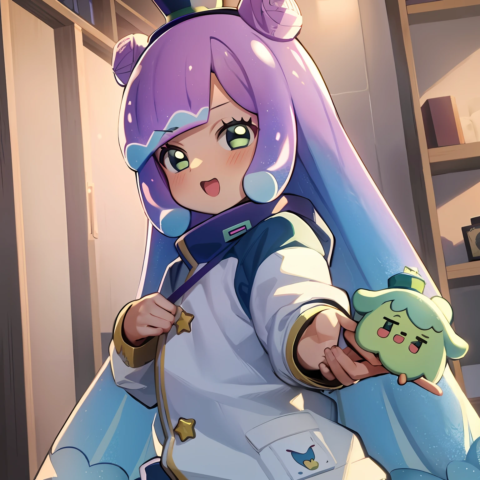 masterpiece, best_quality, 1girl, solo, puniru \(puniru wa kawaii slime\), puniru wa kawaii slime, gradient hair, bangs, green eyes, double bun, mini hat,
