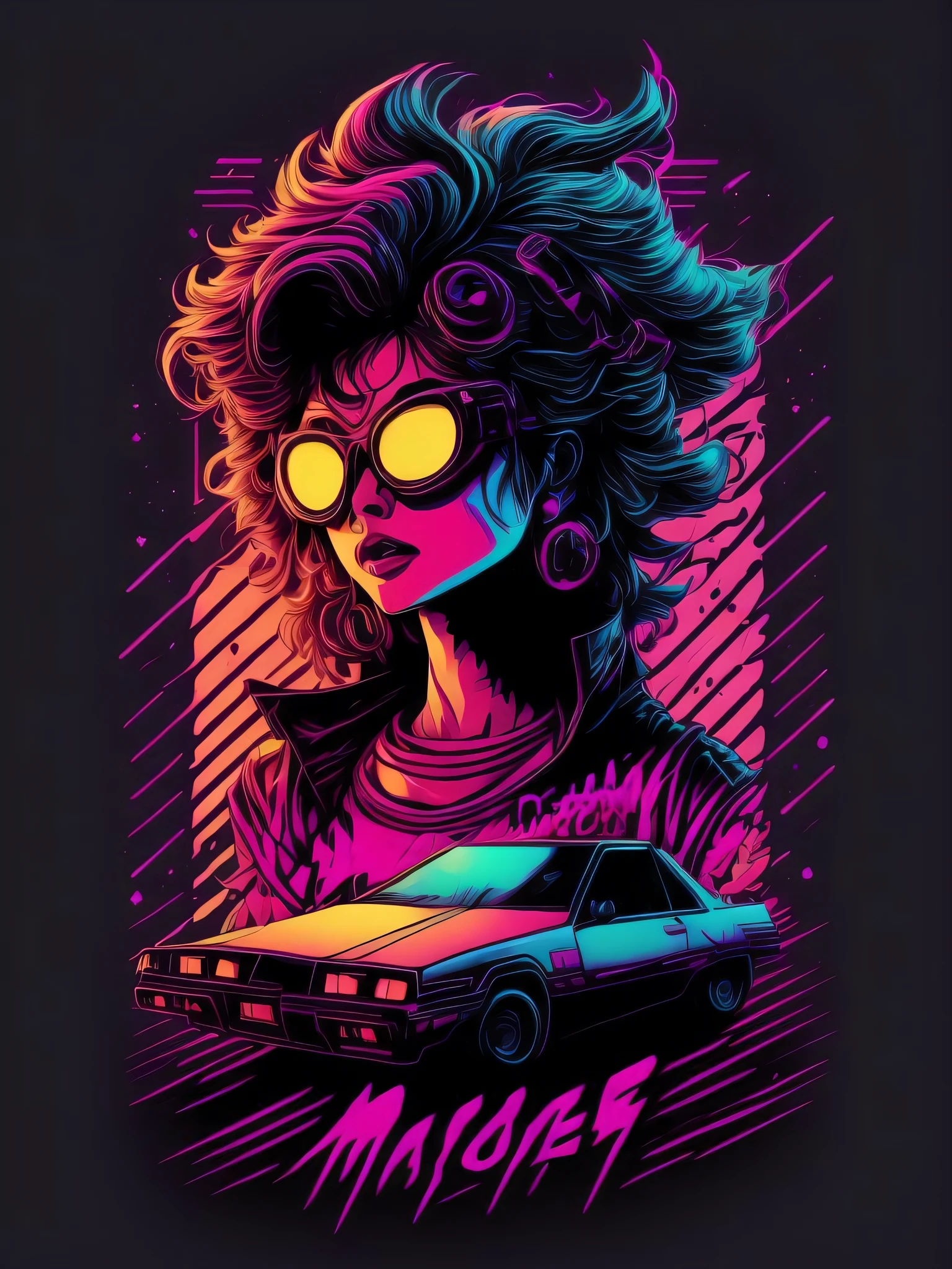 retrowave maya character design,sticker,Full body shot ,anime style, Trigger Studio style, manga art, comics, inking, graffiti art, graphic, neon colors, golden ratio composition, design for tshirt