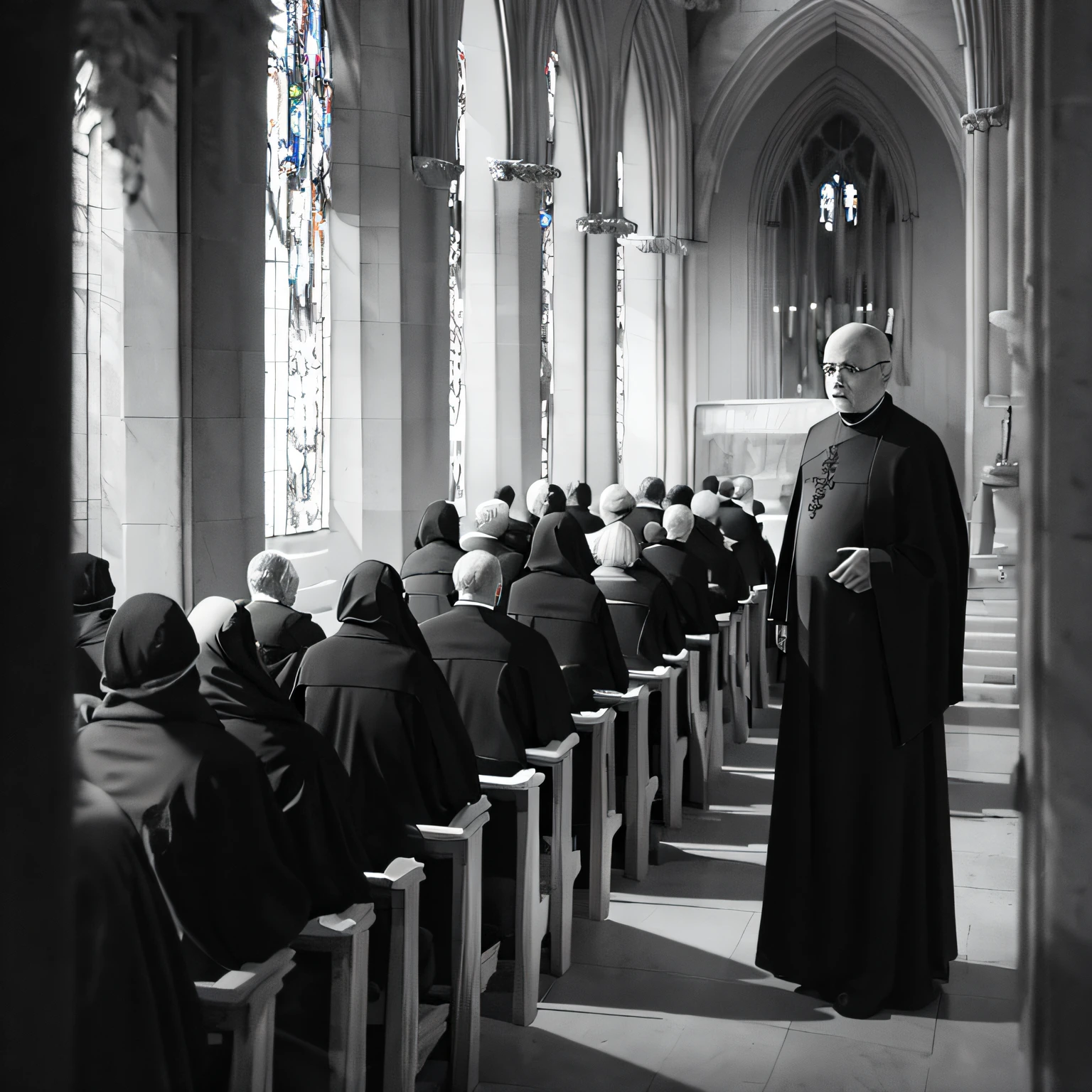 The priest, dressed in black vestments that accentuate the somber atmosphere, takes his place at the altar. His solemn and grave voice resonates in the sacred space, echoing through the stone walls. The organ, with its deep, somber notes, creates a lurid soundtrack to the ceremony.
The funeral songs, sung by the faithful with trembling voices, fill the church with a melancholy and chilling melody. Every word uttered by the priest seems to be shrouded in a veil of darkness, accentuating the fear that hangs over everyone.
Amid the tense atmosphere, a shiver runs down the spine of those present, like a harbinger of the unknown. The sound of slurred footsteps, muffled through the corridors, cuts through the silence and causes the hearts of the faithful to race in despair. --auto --s2