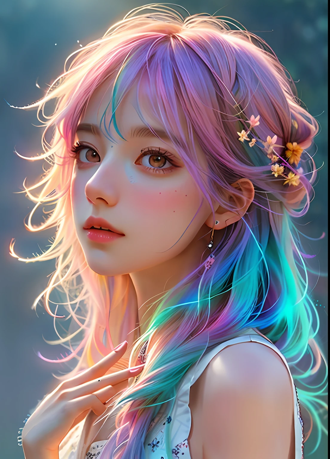 Agnes Cecile woman, glowing design, pastel colors, ink drops, autumn lights, with colorful hair