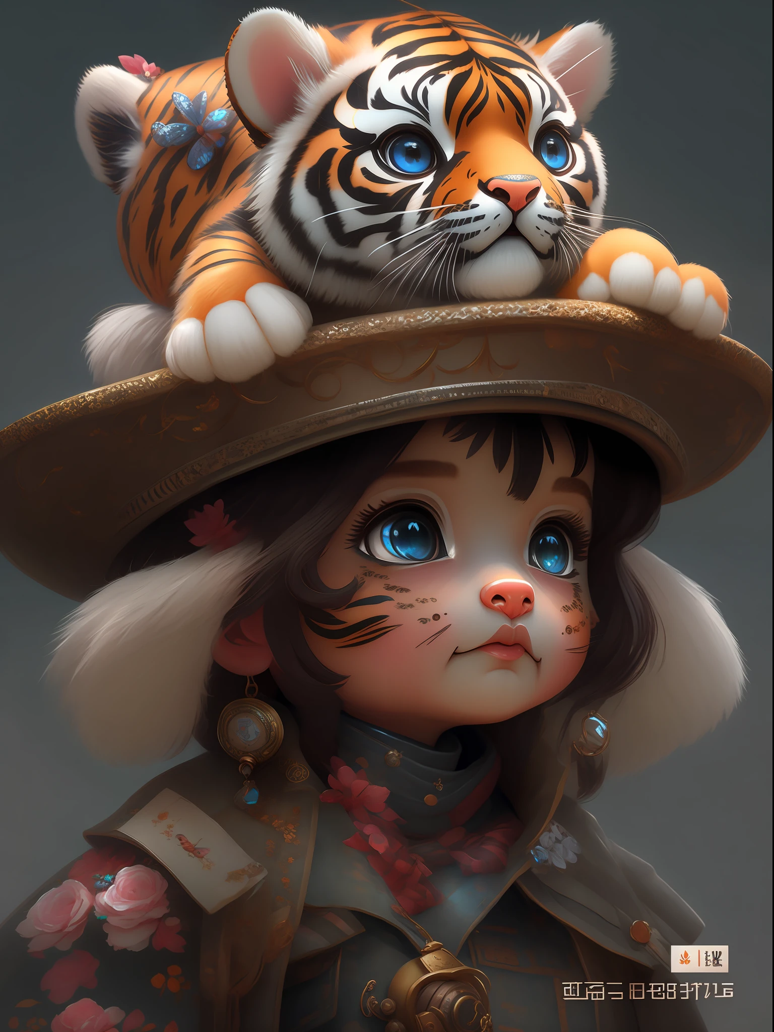 Above it is a tiger doll, cute digital painting, Guvez style artwork, cute detailed digital art, 4K highly detailed digital art, detailed painting 4 K, Rostland 8 K, detailed digital animation art, children's art in art station, Li Song, beautiful character painting, Guvitz, no watermark in the lower right corner