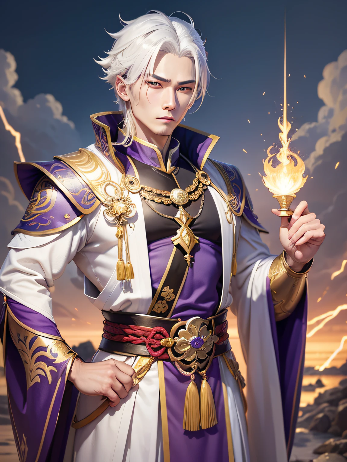 A white-haired young man dressed in purple holds a lingjian, the picture shows the yellow god, tall and strong but dressed very tightly and not revealing Genshin, Casimir art style, emphasizing Nakari, Hirase Jinyao, a character in "Genshin Impact", inspired by Shen Zhou, Ayaka, the plot background of "Genshin Impact". --auto --s2