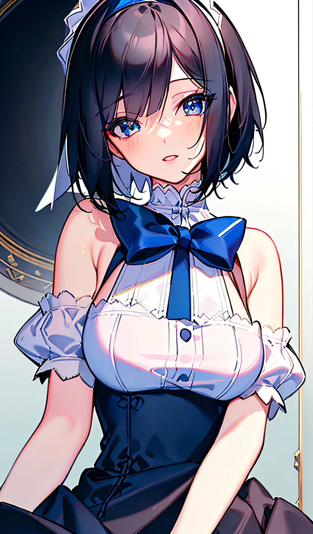 Plain background, ((((Masterpiece)))), (((Best quality)))), ((((Very detailed))), detailed fingers, illustration, 1 girl, Solo, dark blue bob cut, White headband with ribbon with black lines, White dress with black lines, White gloves, Blue eyes, Misora, large breasts,