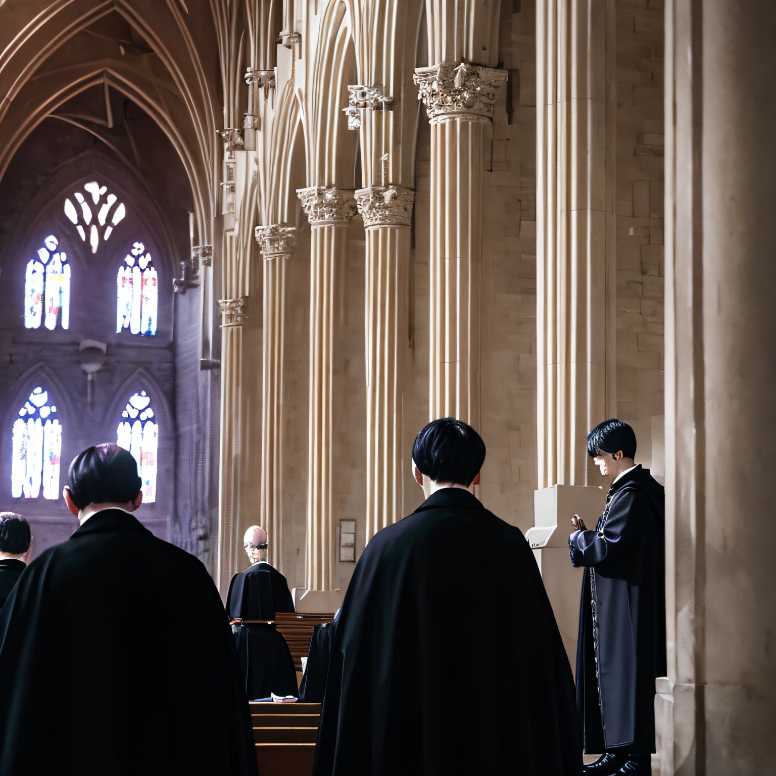 The priest, dressed in black vestments that accentuate the somber atmosphere, takes his place at the altar. His solemn and grave voice resonates in the sacred space, echoing through the stone walls. The organ, with its deep, somber notes, creates a lurid soundtrack to the ceremony.

The funeral songs, sung by the faithful with trembling voices, fill the church with a melancholy and chilling melody. Every word uttered by the priest seems to be shrouded in a veil of darkness, accentuating the fear that hangs over everyone.

Amid the tense atmosphere, a shiver runs down the spine of those present, like a harbinger of the unknown. The sound of slurred footsteps, muffled through the corridors, cuts through the silence and causes the hearts of the faithful to race in despair. --auto --s2
