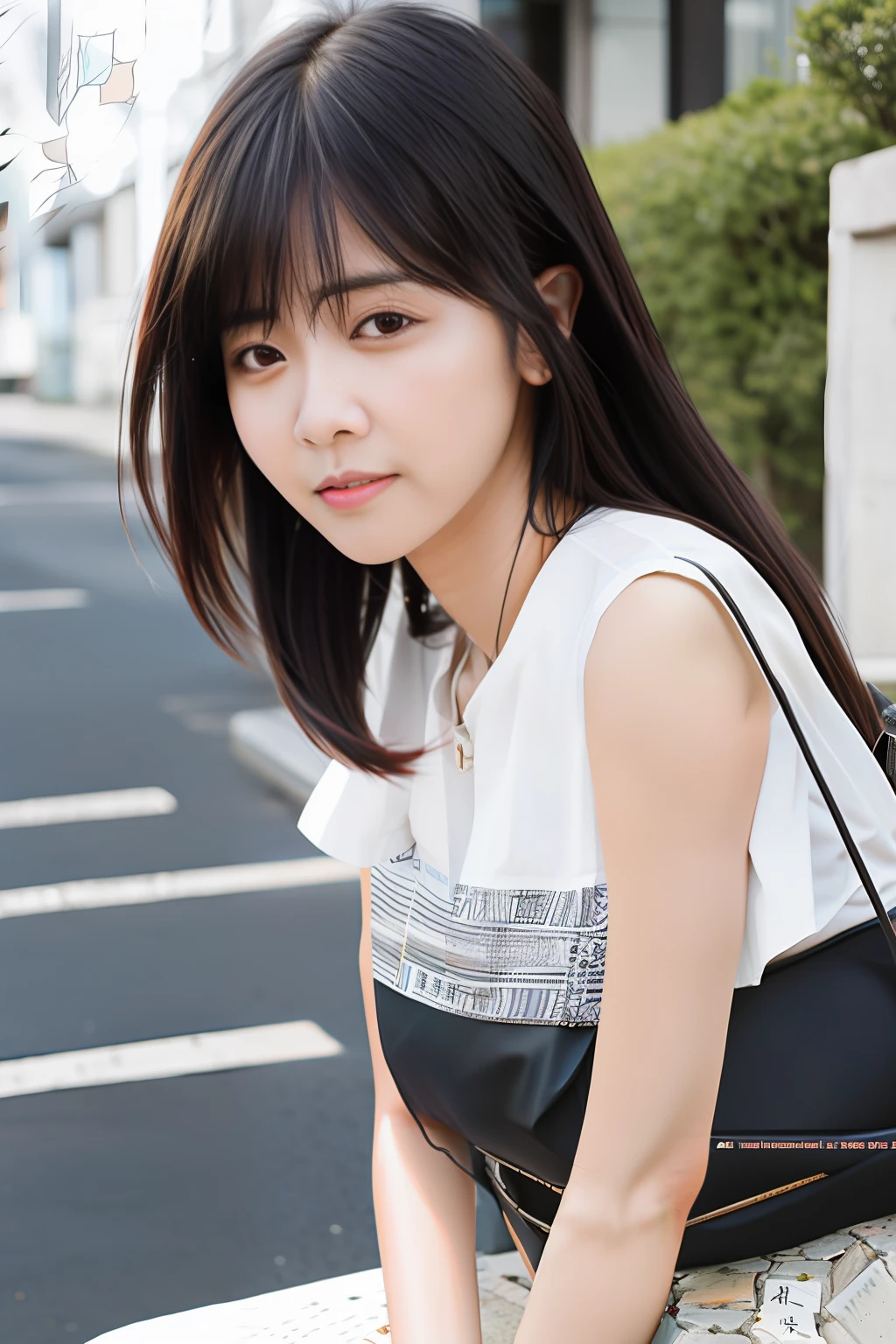 araffe asian woman sitting on a bench in a city, 奈良美智, chiho, portrait of mayuri shiina, sui ishida with black hair, shinsui ito, narumi kakinouchi, mayuri shiina, white hime cut hairstyle, girl cute-fine-face, harumi