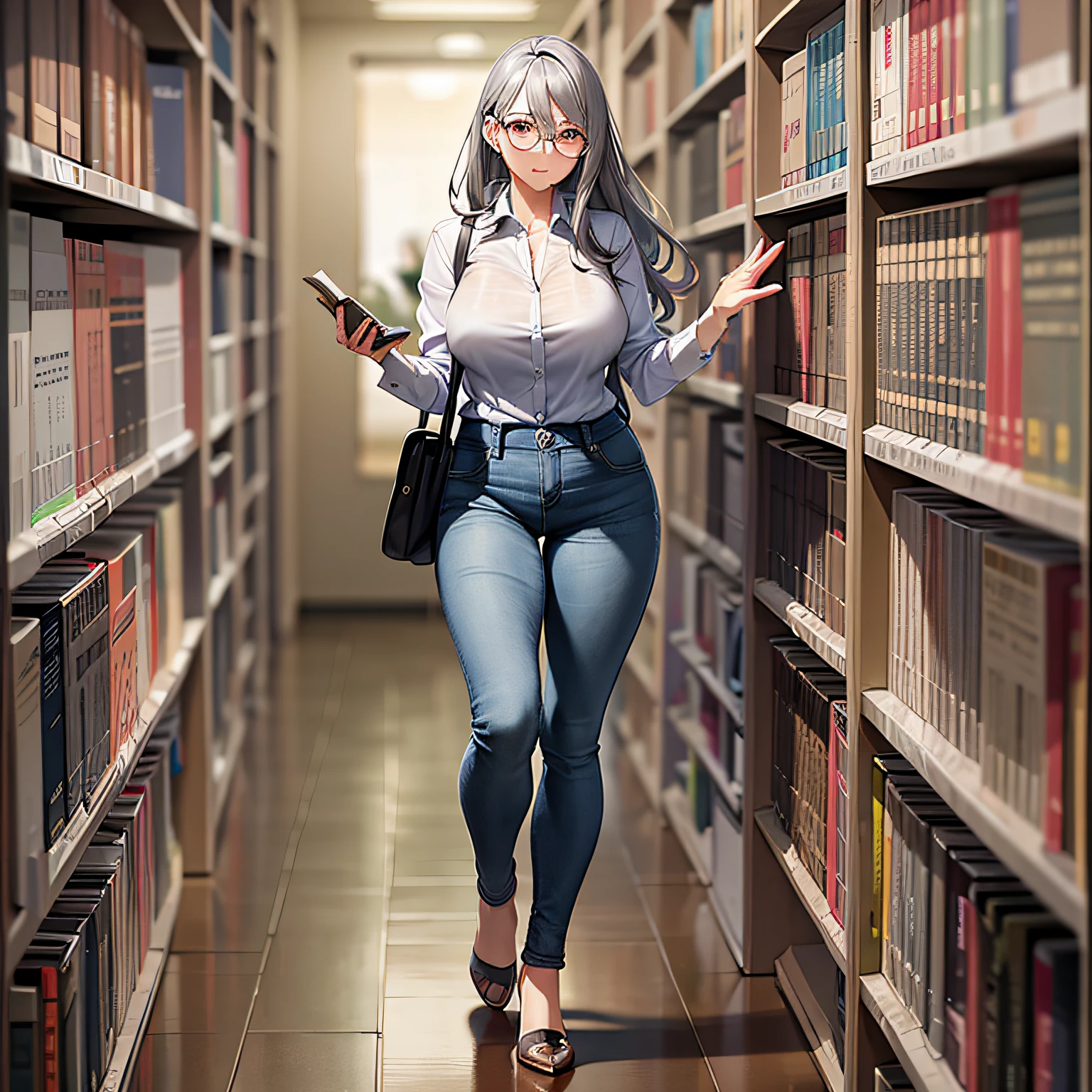 Middle-aged woman, gray hair, full body, dress shirt, jeans, stuck hair, big glasses, brown eyes, books, anime, manga, digital art