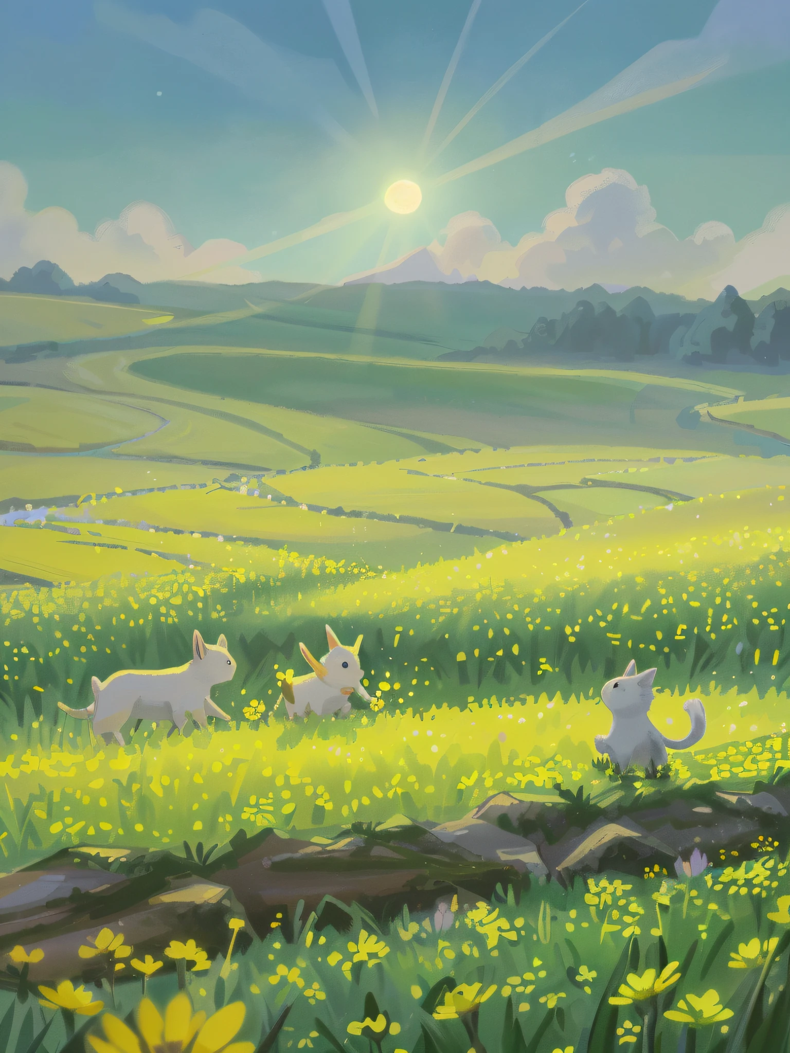 The spring equinox is the central point of spring, day and night are flat, the spring breath is more intense, rape flowers, spring grass in the field begins to become dense, small animals play happily in the flowers, noise illustration, Chinese elements, with good particle texture, high detail, super detail, super resolution