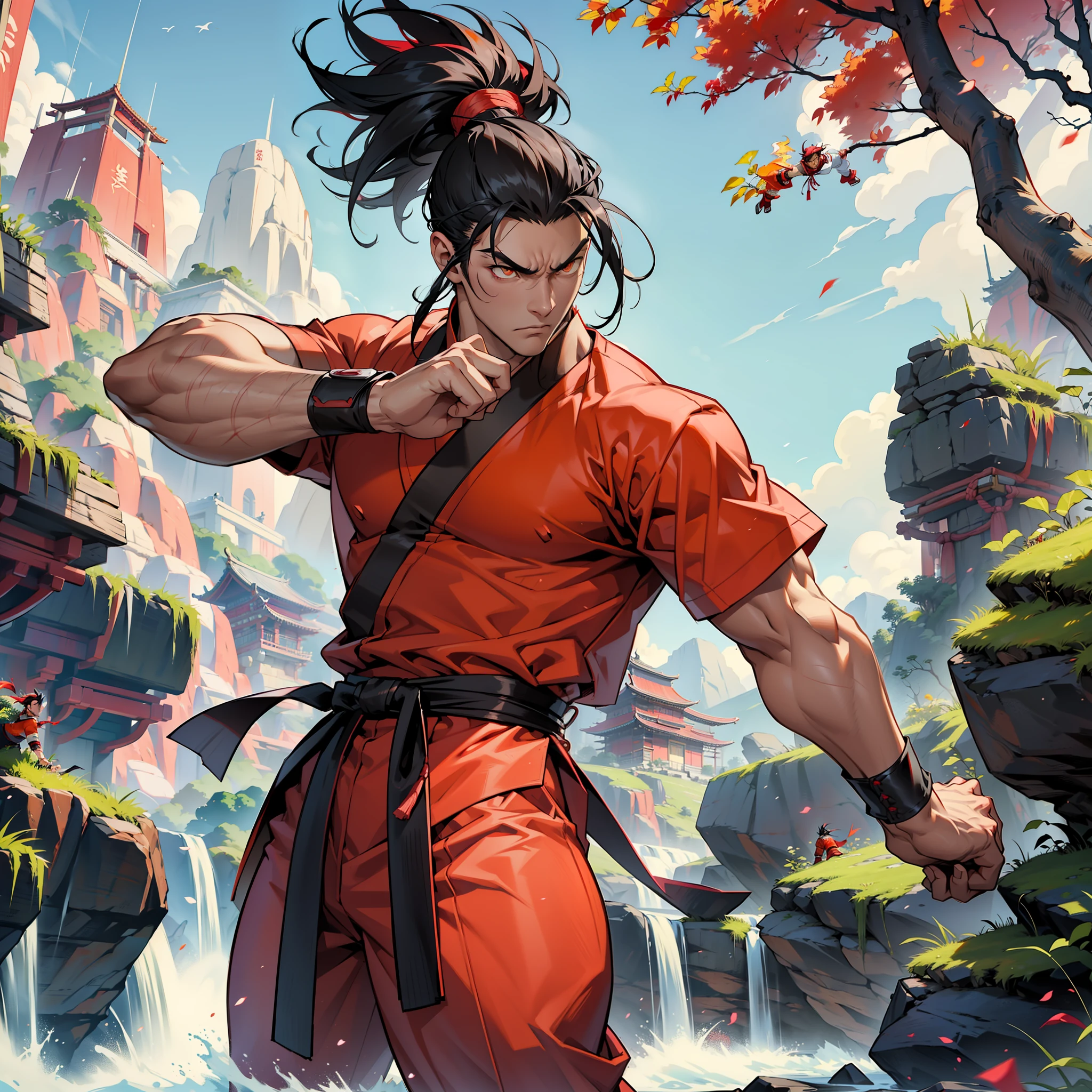 Kung fu fighter, adult, spiky black hair, locks of hair in pink color, white belt at the waist, red marks on the face, orange eyes, serious expression, muscular man, thin waist, defined legs, red kimono, tight red kung fu blouse, black kung fu pants, red armbands on the arms, nature scenery.