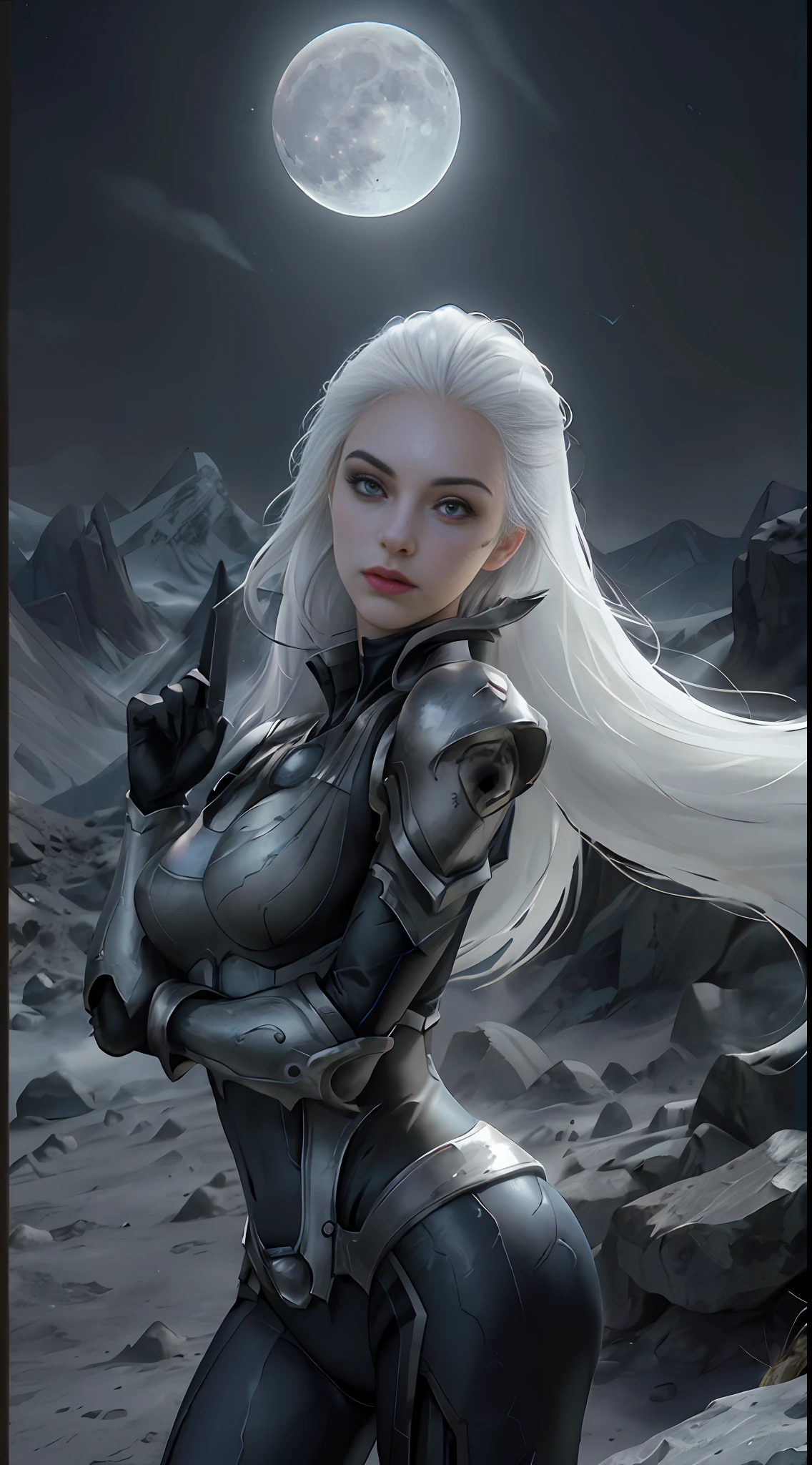 wide shot, UHD, masterpiece, anatomically correct, textured skin, super detail, award winning, high details, best quality, 16k, ((realism: 5)), RAW photo, night, moon, mountain top, sky, 8k uhd, SLR, high quality, film grain, Fujifilm XT3, Diana Standing Portrait Photo, Diana, Diana (League of Legends), Solo, Forehead Moon Marker, Male Focus, 1boy, Forehead Marker, Armor, Lips, Portrait, Crescent Moon, Looking at the Audience, 1girl, White Hair, Cinematic Light Effects, Dynamic Lighting, Correct Anatomy, Right Hand