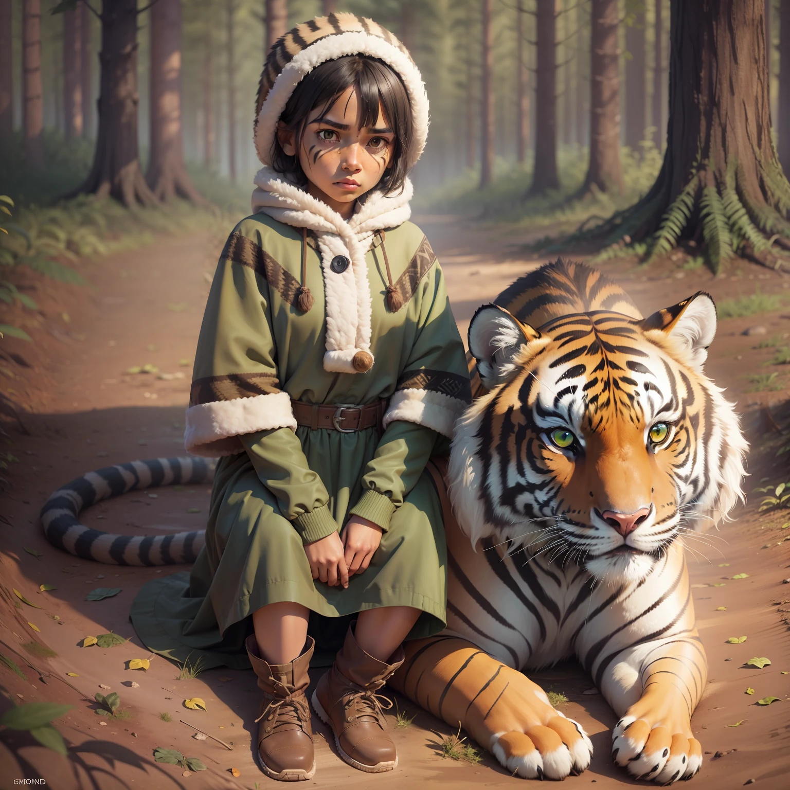 Scared indigenous girl next to a tiger in forest,night,cold,trees,leaves,mud on the ground,spear,brown skin,straight and short hair,green eyes,fur clothing,artwork,3D,4K,Detailed,Realistic