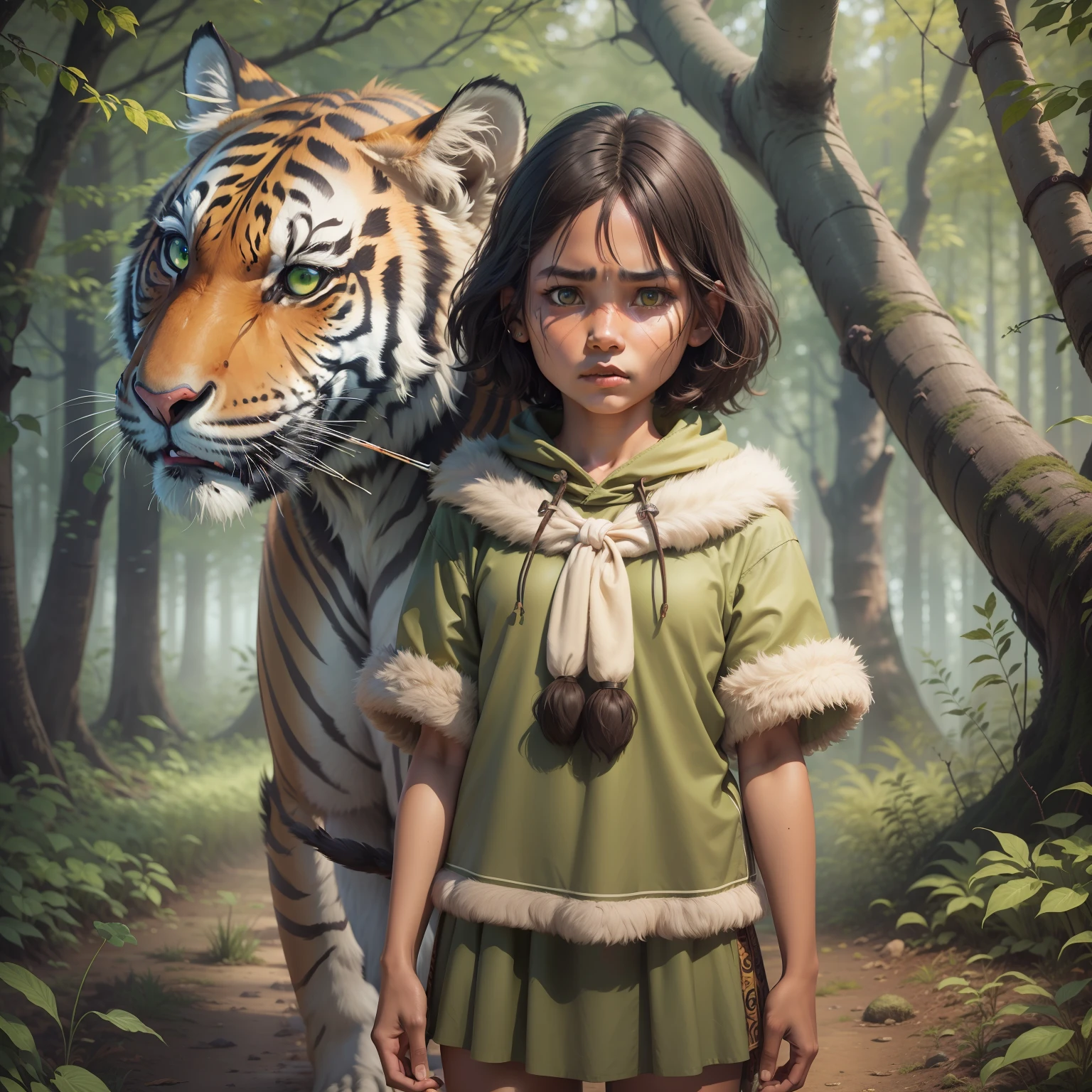 Scared indigenous girl next to a tiger in forest,night,cold,trees,leaves,mud on the ground,spear,brown skin,straight and short hair,green eyes,fur clothing,artwork,3D,4K,Detailed,Realistic