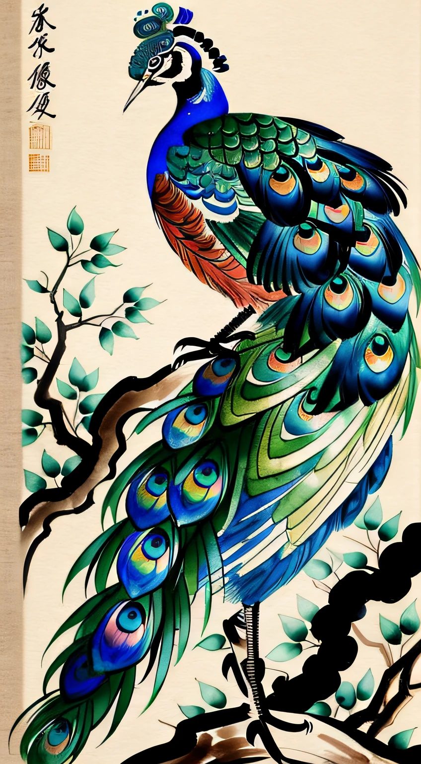 Painting of a peacock standing on a branch, Chinese brush illustration, Chinese painting style, Chinese traditional painting, traditional Chinese ink painting, Chinese style painting, Chinese watercolor style, Chinese ink painting, beautiful artwork illustration, inspired by Xiao Yuncong, Chinese traditional art, Chinese painting, Zhongyuan Festival, inspired by Wang Yuanqi