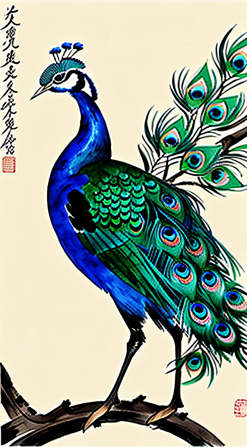 Painting of a peacock standing on a branch, Chinese brush illustration, Chinese painting style, Chinese traditional painting, traditional Chinese ink painting, Chinese style painting, Chinese watercolor style, Chinese ink painting, beautiful artwork illustration, inspired by Xiao Yuncong, Chinese traditional art, Chinese painting, Zhongyuan Festival, inspired by Wang Yuanqi