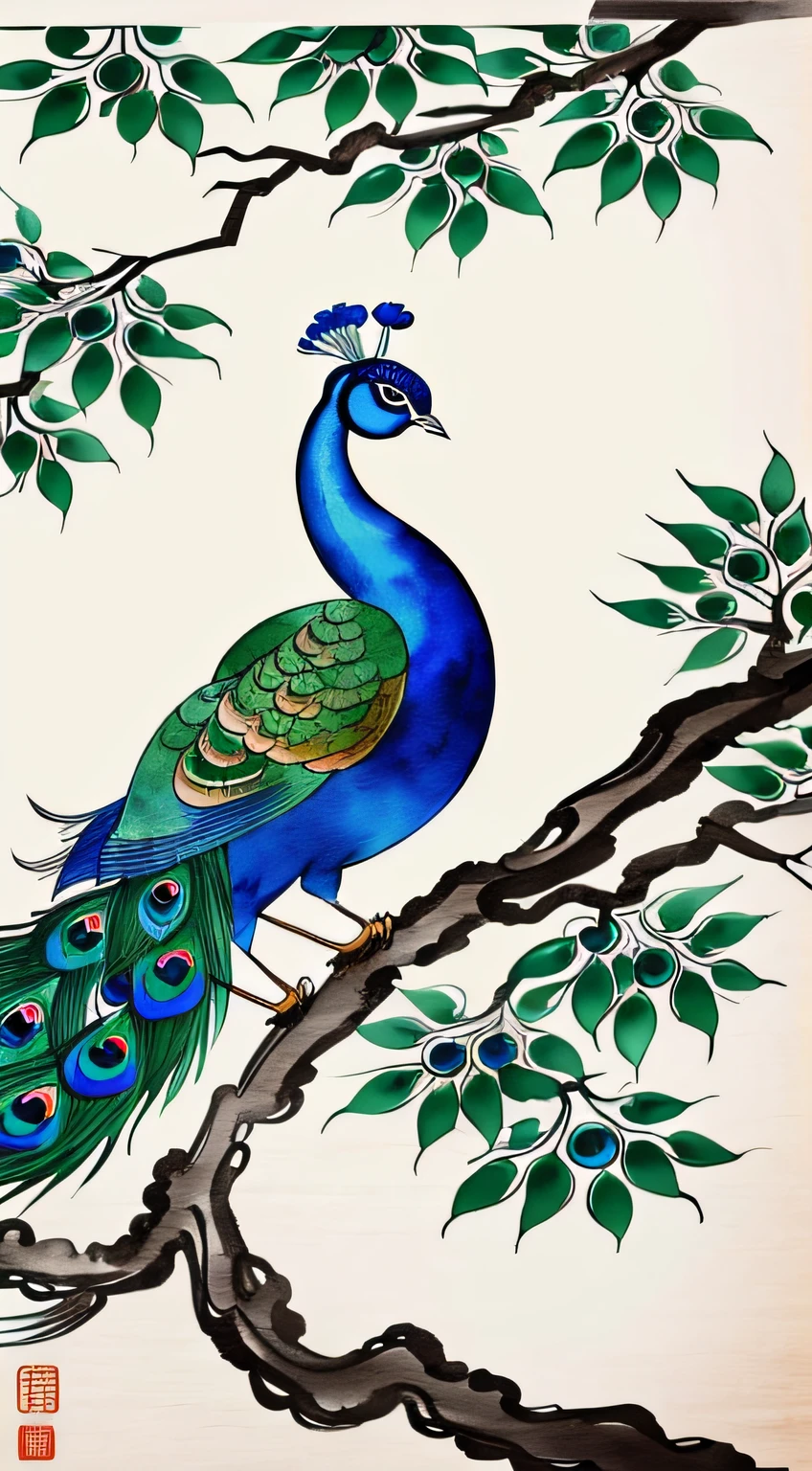 Painting of a peacock standing on a branch, Chinese brush illustration, Chinese painting style, Chinese traditional painting, traditional Chinese ink painting, Chinese style painting, Chinese watercolor style, Chinese ink painting, beautiful artwork illustration, inspired by Xiao Yuncong, Chinese traditional art, Chinese painting, Zhongyuan Festival, inspired by Wang Yuanqi