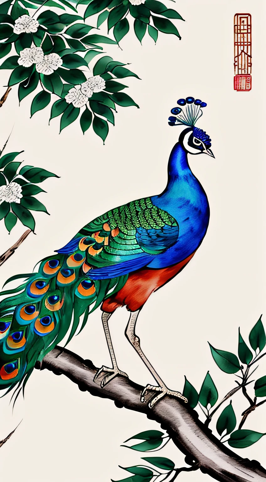 Painting of a peacock standing on a branch, Chinese brush illustration, Chinese painting style, Chinese traditional painting, traditional Chinese ink painting, Chinese style painting, Chinese watercolor style, Chinese ink painting, beautiful artwork illustration, inspired by Xiao Yuncong, Chinese traditional art, Chinese painting, Zhongyuan Festival, inspired by Wang Yuanqi