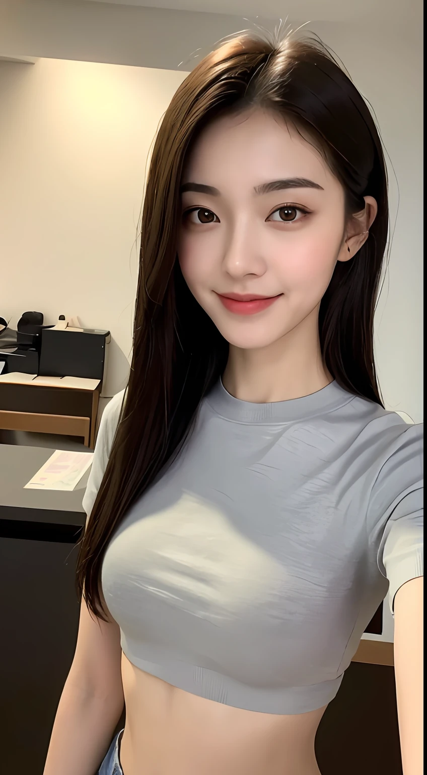 ((Best Quality, 8K, Masterpiece: 1.3)), 1girl, Slim Abs Beauty: 1.3, (Casual hairstyle, B cups), Black ultra-thin short sleeves, Super fine face, Fine eyes, Double eyelids, smile, homely, lewd eyes,
