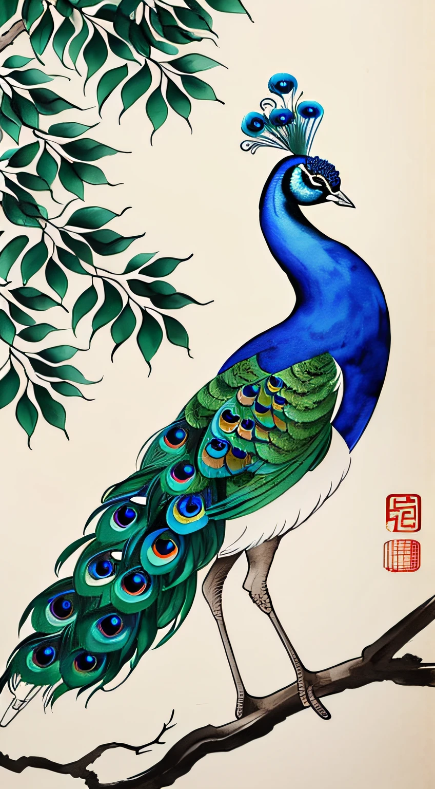 Painting of a peacock standing on a branch, traditional Chinese ink painting, Chinese watercolor style,
