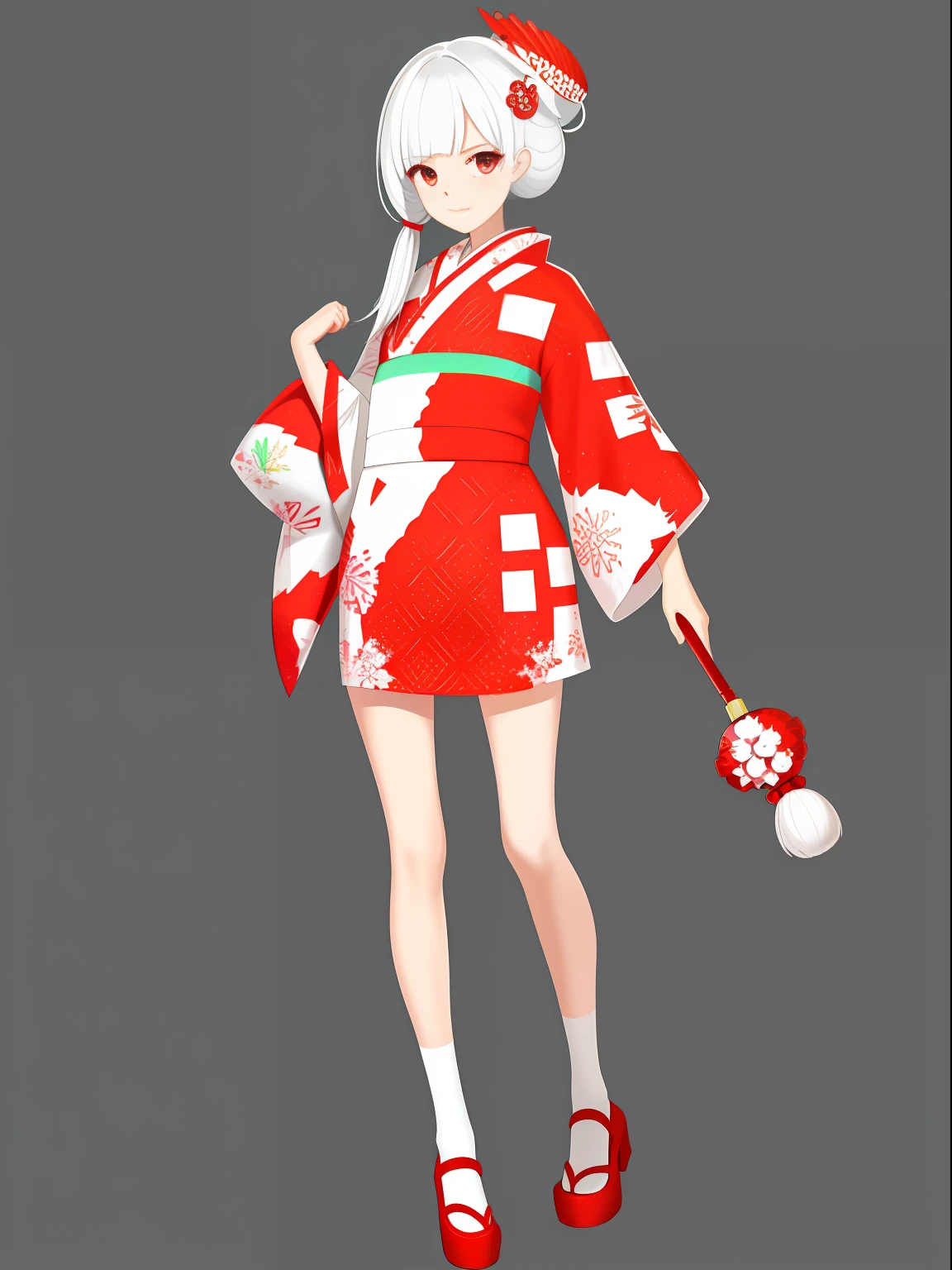 (Representative work: 1.2, highest image quality), ((((Plain background)))), (((Red and white carp pattern kimono)), Nishikigoi daughter, 1 pretty woman, perfect anatomy, standing figure, (((full body)))), clear eyes, black eyes, eyes and mouth are impressive, red and white obi, young woman, silver-white hair, long hair, kimono style, mini skirt length kimono, holding a clutch bag in one hand, carp beard hair ornament,